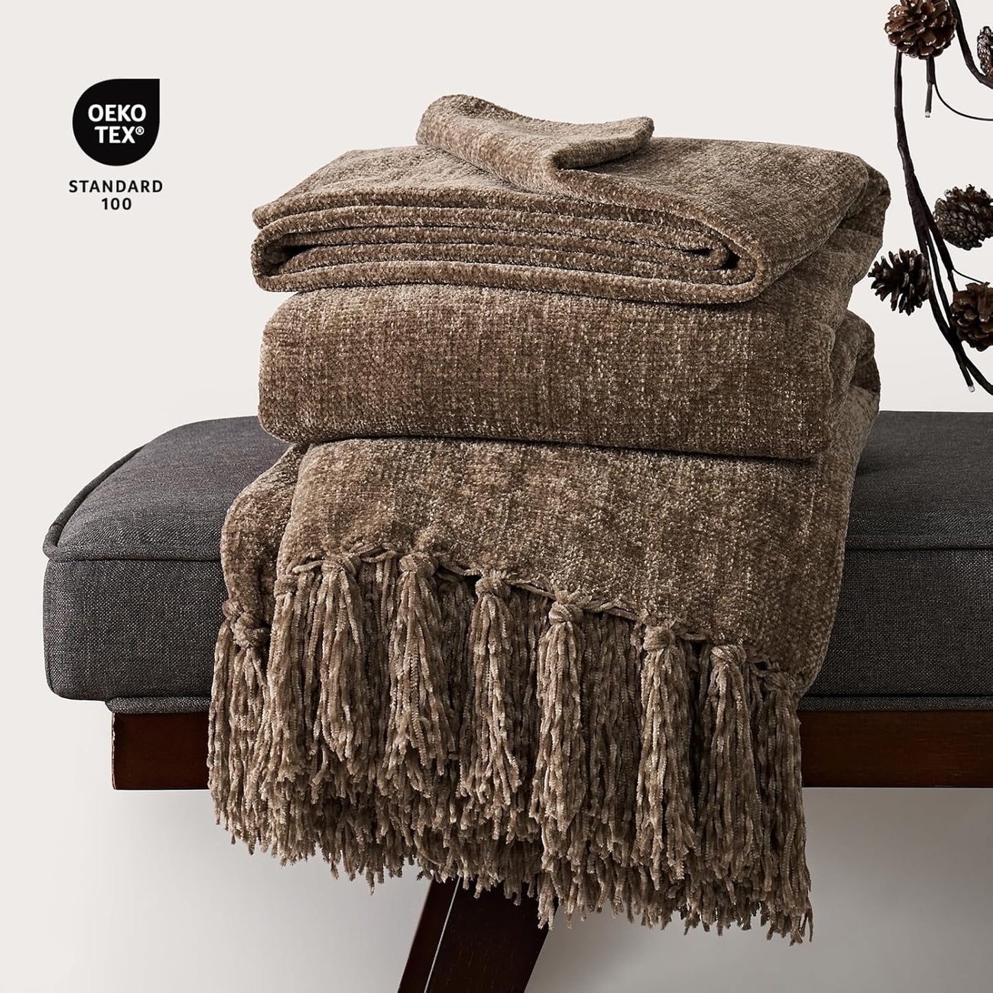 EVERGRACE Soft Chenille Throw Blanket for Couch, Cozy Plush Fuzzy Decorative Chenille Knit Throw Blanket with Tassels, Lightweight Blanket and Throws for Bed Sofa Gift Home Decor, Mocha Brown 60"x80"