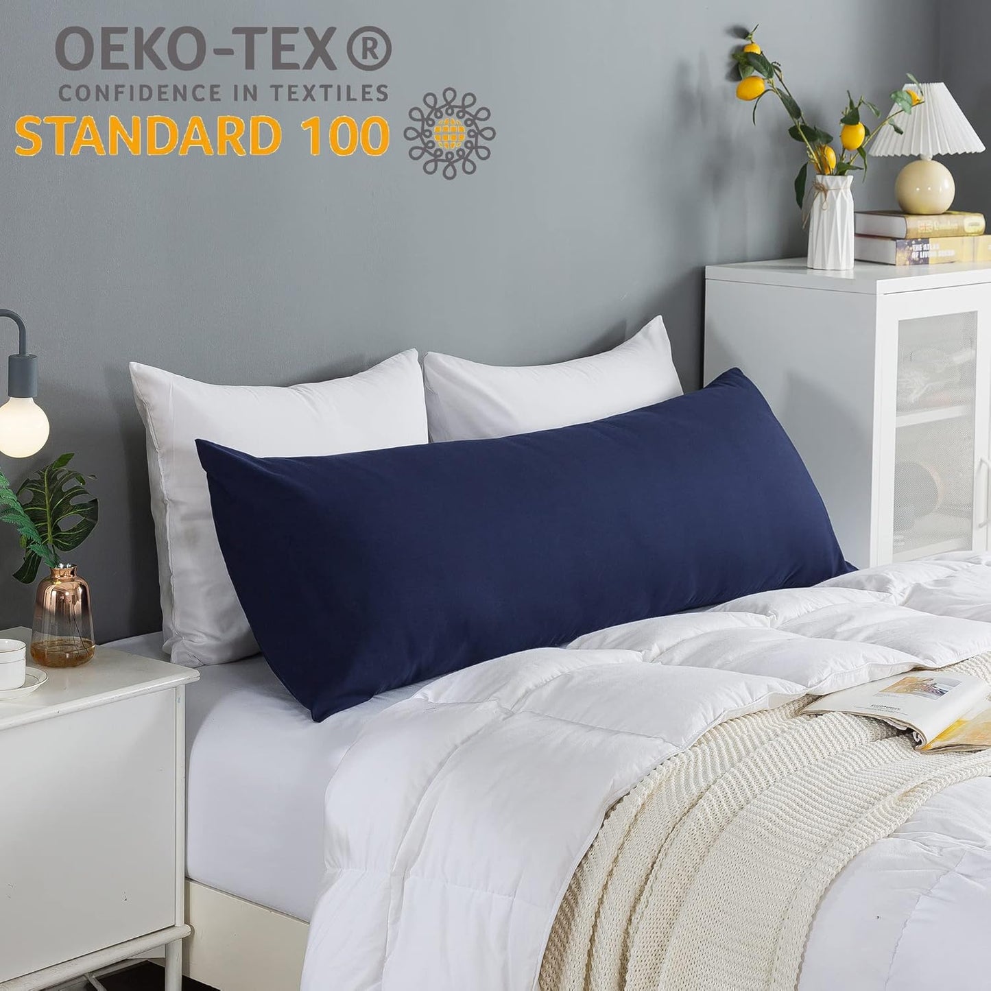 ELNIDO QUEEN Body Pillow with Pillowcase - Soft Long Bed Pillow for Adults - Breathable Full Body Pillow Insert for Sleeping, 20x54inches, Navy Blue