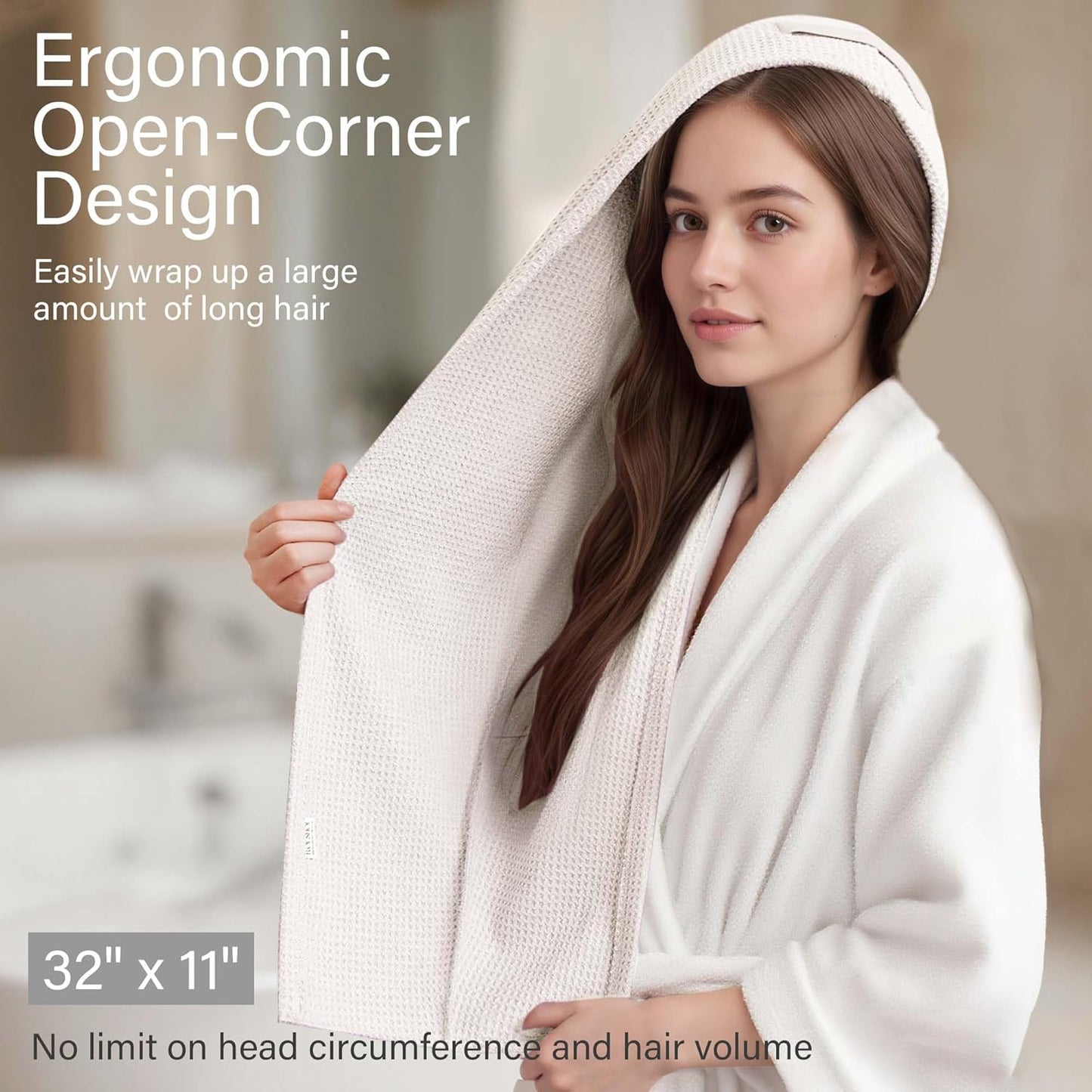 2 Pack Microfiber Hair Towel Wrap for Women, 32" x 11" Waffle Weave Hair Plopping Towel for Curly, Long & Thick Hair, Anti-Frizz Hair Turbans for Wet Hair (White, Grey)