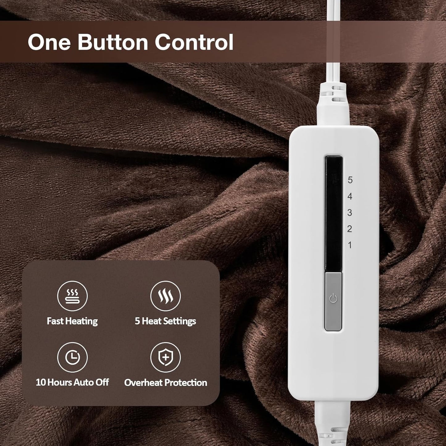 Electric Heated Blanket Twin Size 62”x84”,Soft Warmth Cozy with 5 Heating Settings 10 Hours Auto-Off, One Touch Operation, Machine Washable, Dark Brown