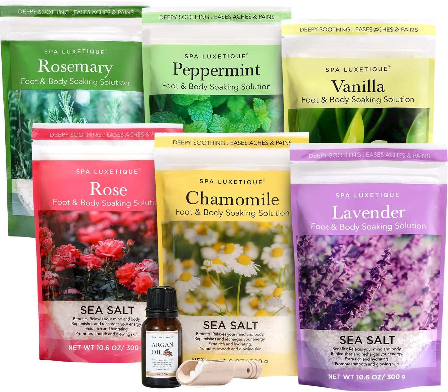 spa luxetique Bath Salts Gift Set 6-Pack, Foot and Body Sea Salts for Soaking, Wooden Scooper, 0.5oz Argan Oil, Bath Salts for Women Relaxing, Mother's Day Gifts for Mom