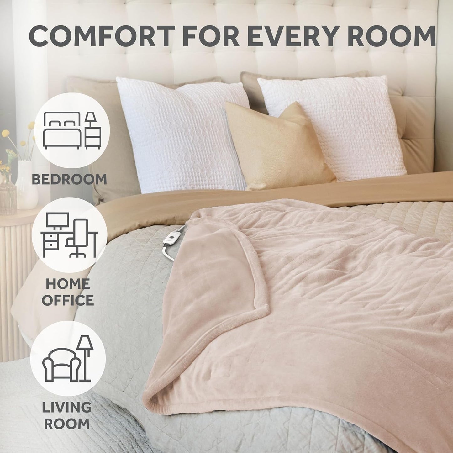 Sunbeam Electric Throw Royal Posh Velvet Heated Blanket, 4 Heat Settings, 4-Hour Auto Shut-Off, Fast Heating, Lush, Silky, and Ultra Comfy, Champagne Color, 50" x 60"