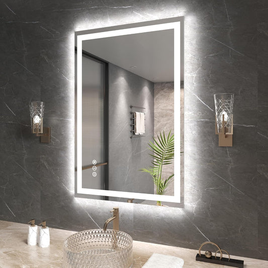 24"X36" LED Bathroom Mirror with Front Lights and Backlit, Anti-Fog, Dimmable, Shatter-Proof Tempered Glass, Lighted Bathroom Vanity Mirror for Wall with 3 Colors, Memory Function