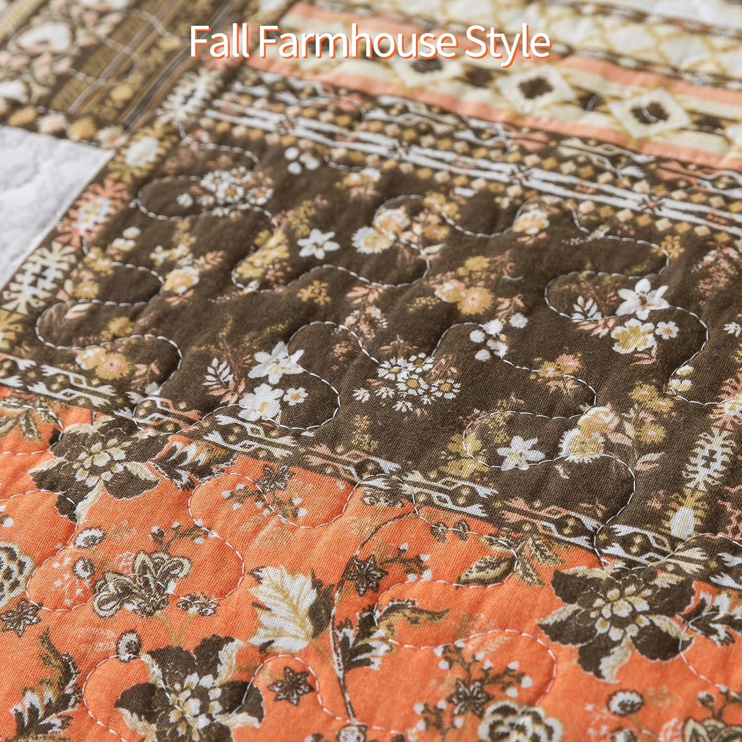 BEDIFANY Cotton Quilts King Size for Farmhouse- Fall Patchwork Bedspread Set - Highly-Woven Soft Reversible King Size Bed Spread for All Seasons (Floral Orange) 3 Pieces