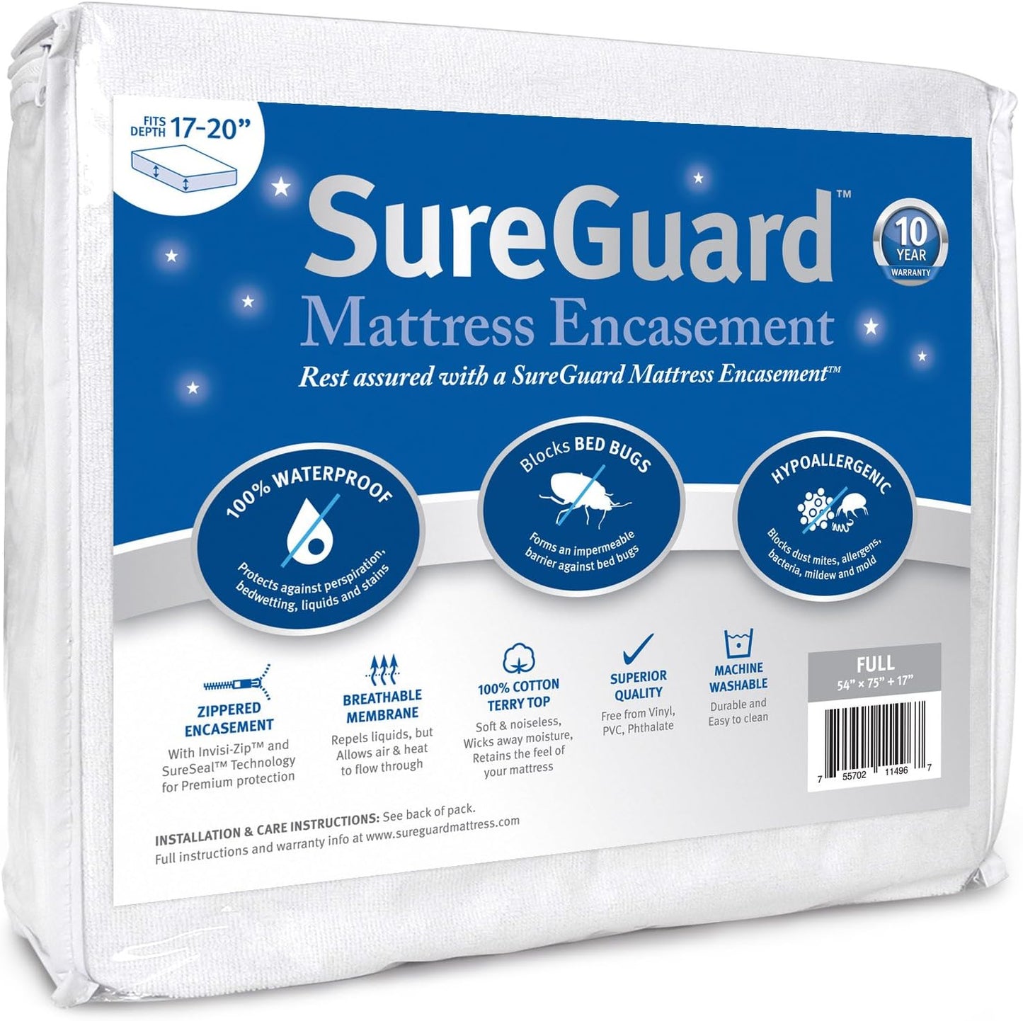 Full (17-20 in. Deep) SureGuard Mattress Encasement - 100% Waterproof, Bed Bug Proof, Hypoallergenic - Premium Zippered Six-Sided Cover