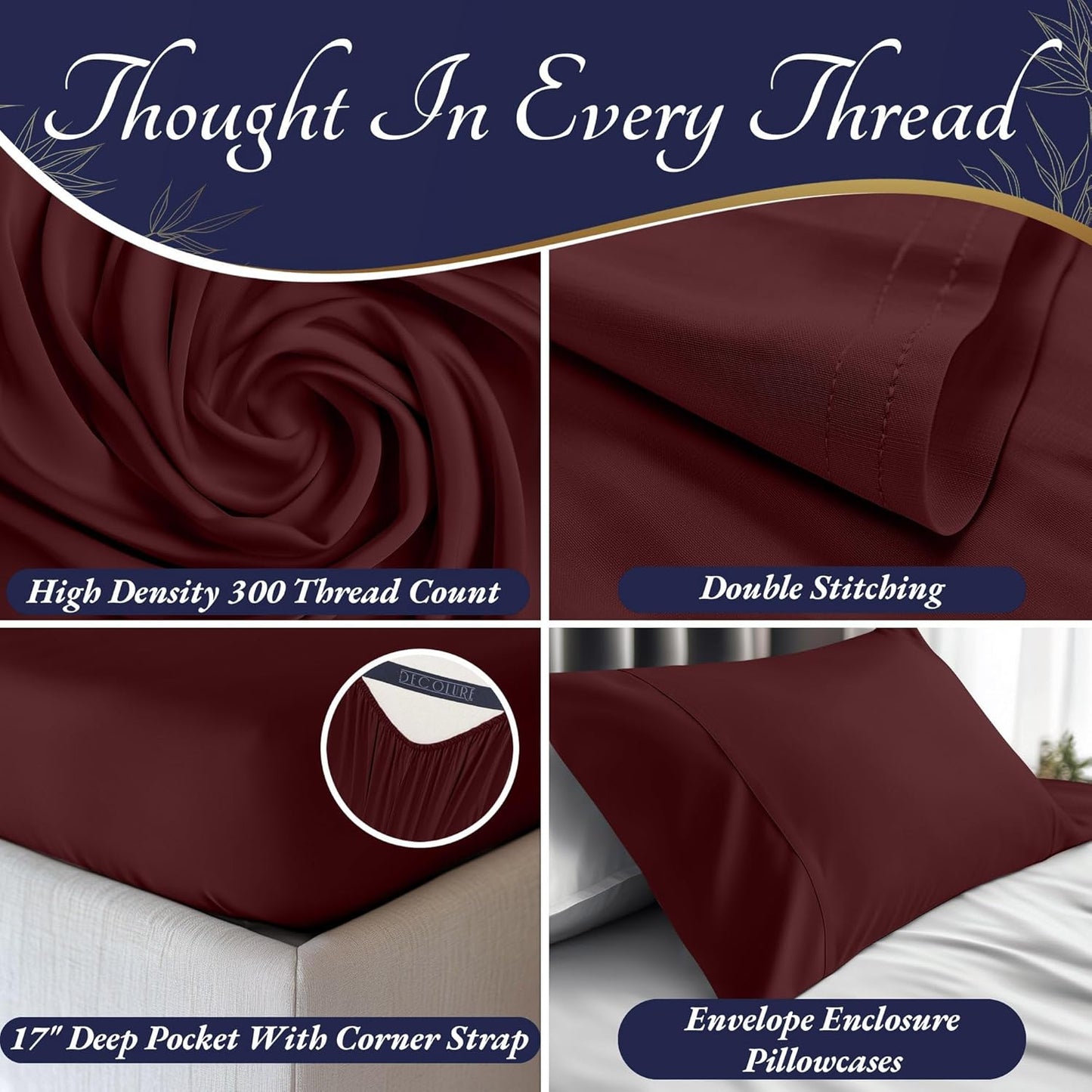 DECOLURE 100% Viscose Derived from Bamboo Sheets King Size 4pcs - Ultra Soft & Luxuriously Cooling, 17" Deep Pocket, Double Stitching, Perfect for Hot Sleepers - King Bed Sheets (Burgundy)