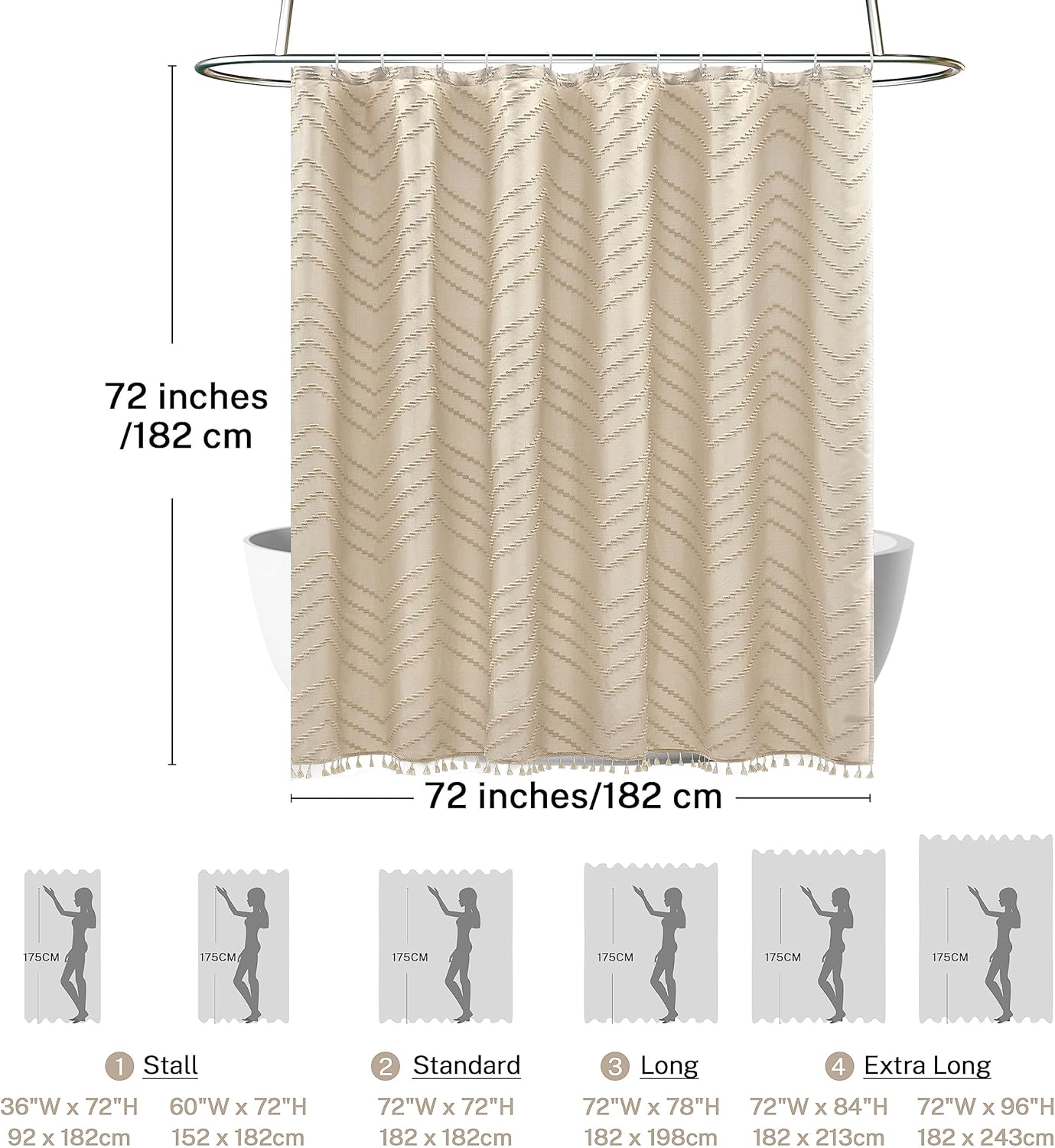 Boho Farmhouse Shower Curtain Woven Fabric Cute Beige Shower Curtain, 72 x 72 Tufted Chevron Textured Striped Modern Farmhouse Minimalist for Bathroom