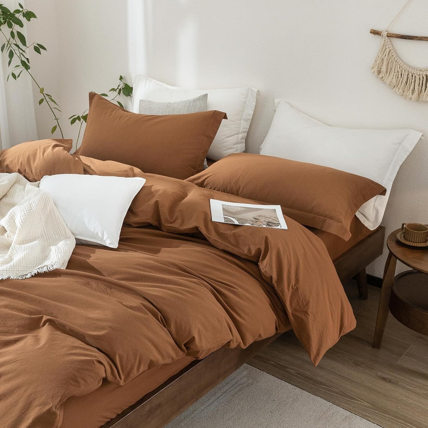 100% Washed Cotton Dark Orange Duvet Cover California King Size Bedding Set Cover 1 Duvet Cover with Zipper Closure Plus 2 Pillowcases, 104inch x 98inch