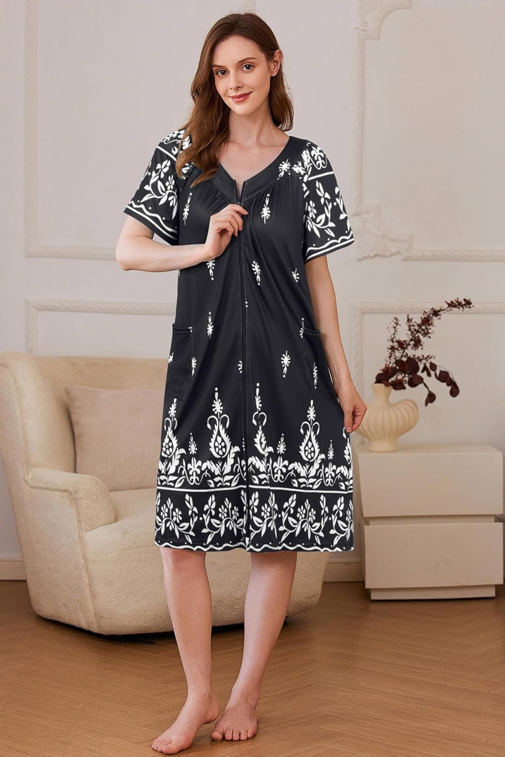 Ekouaer Women Robe Zipper Front Mumu Duster Robes Zip Up Housecoat Soft Sleepwear with Pockets S-3XL