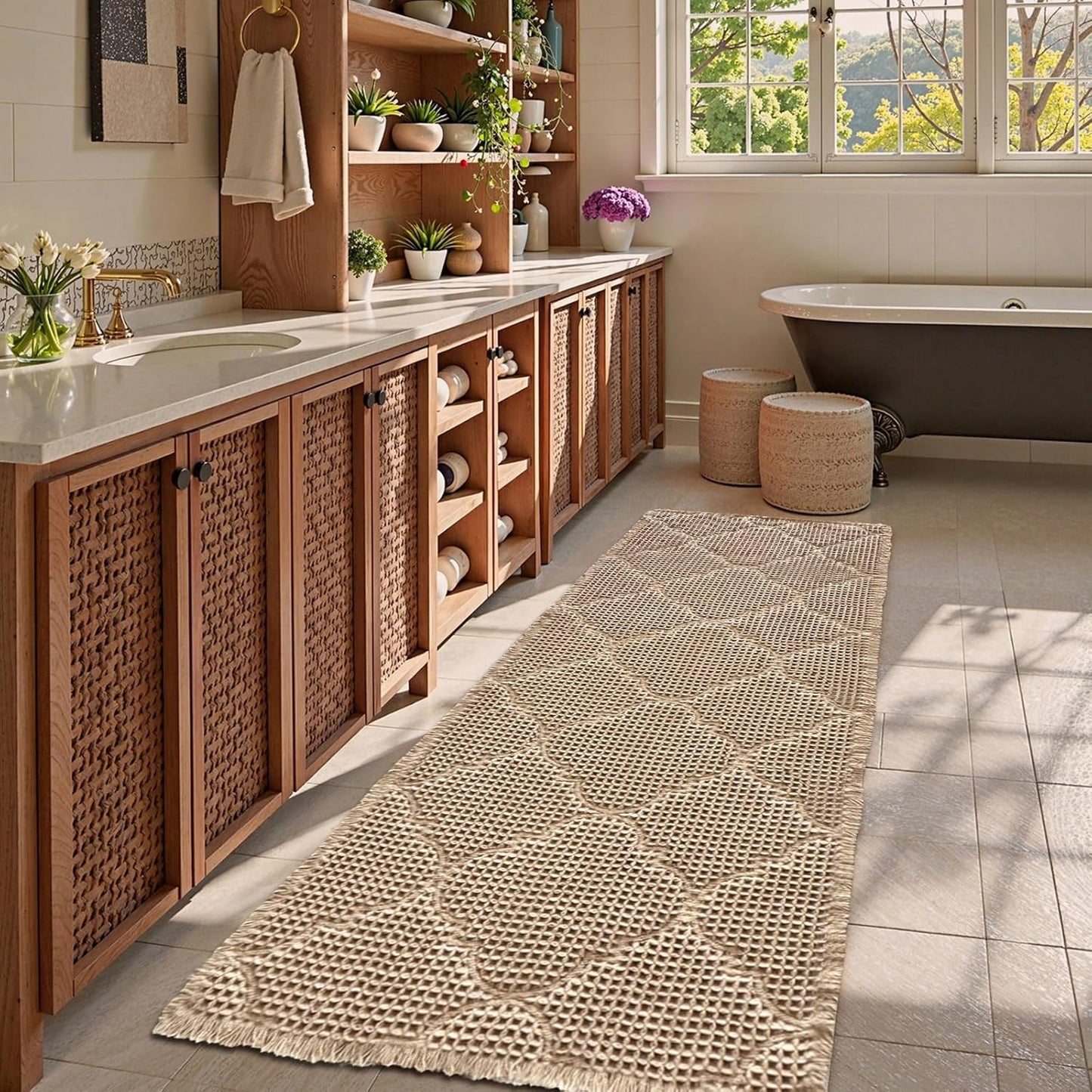 ZALL Tan Waffle Bath Mat,Super Absorbent Non Slip Bathroom Rug,Brown 24X60 inch, Geometric Diamond Machine Washable Ultra Soft Floor Mats