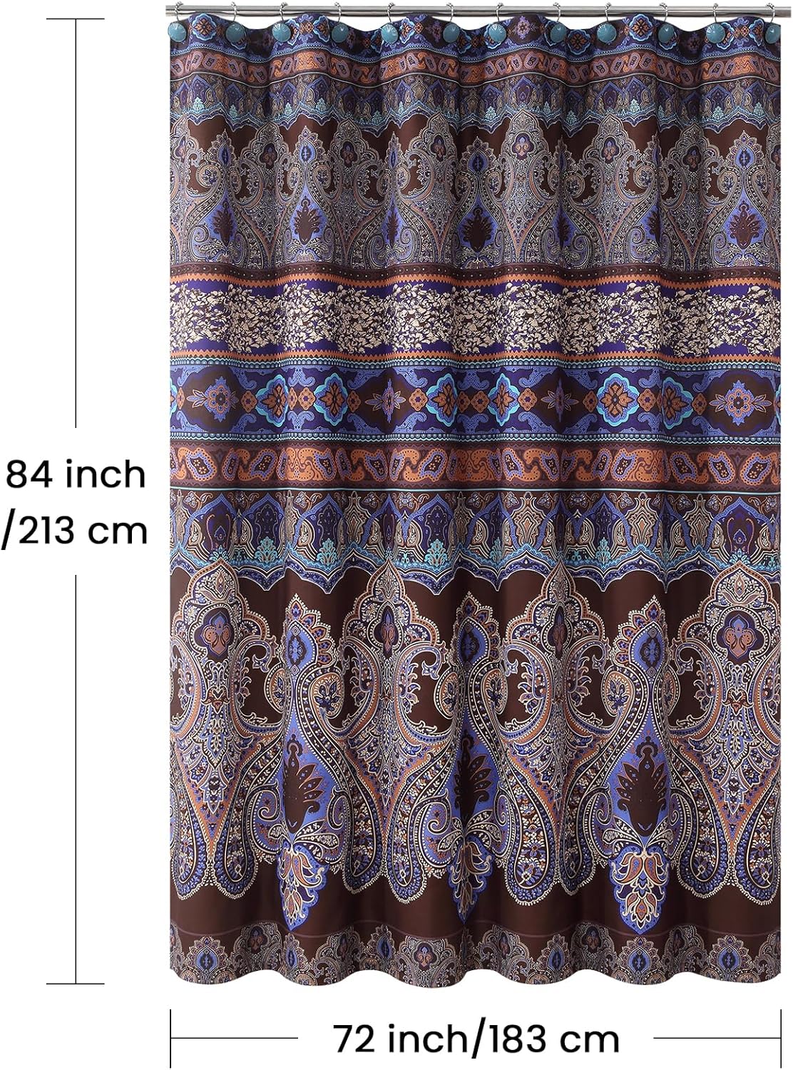Extra Long Boho Shower Curtain, Brown and Blue Bohemian Paisley Pattern Fabric Shower Curtains for Bathroom, Decorative Waterproof Bathroom Curtains, 72" W x 84" H