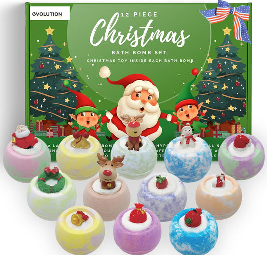EvolutionUSA - Christmas Bath Bombs for Kids, Holiday Bath Bombs with Surprise Inside, Perfect Christmas Stocking Stuffers or Festive Holiday Bathombs Set, Natural & Hypoallergenic Bath Ball Set