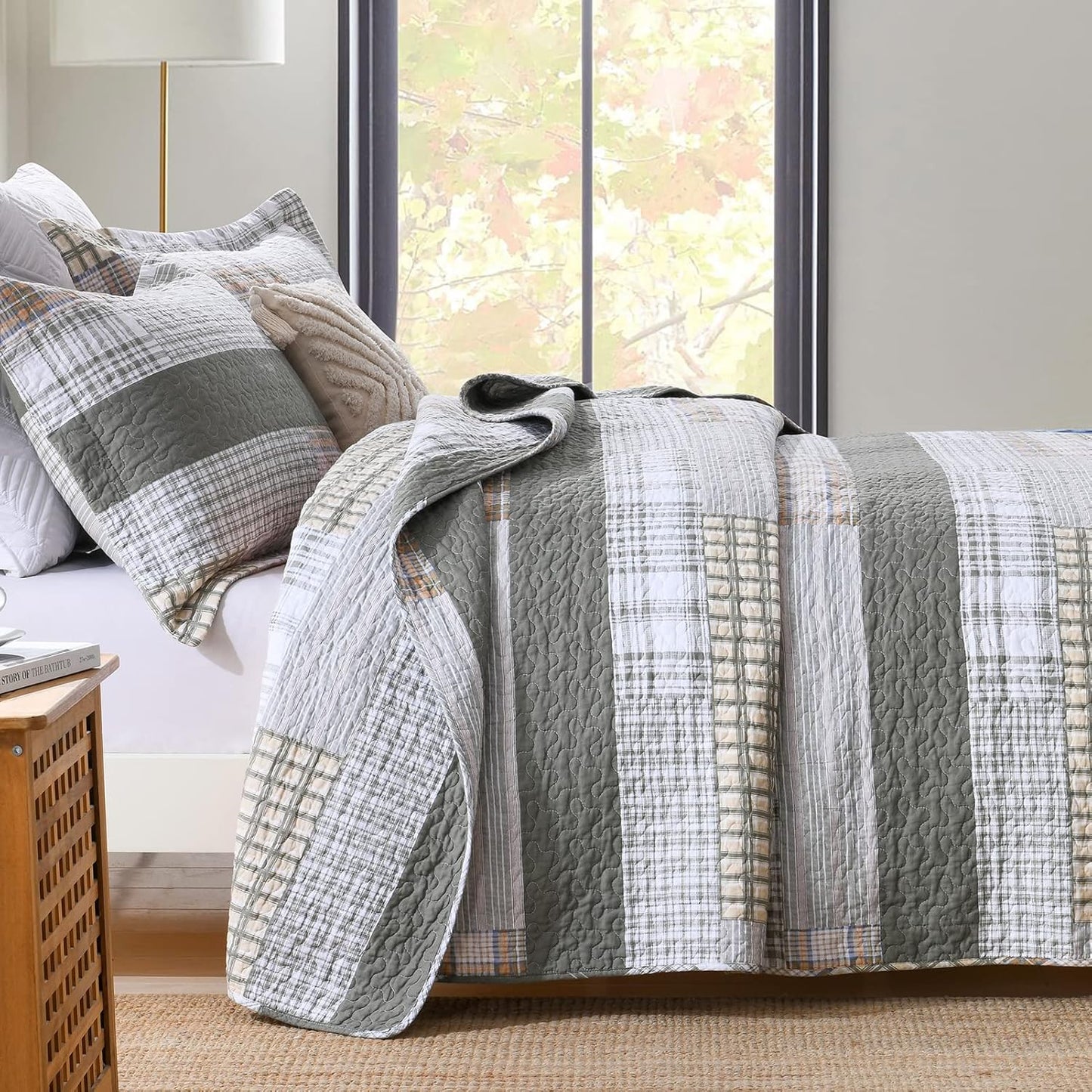 Y-PLWOMEN Quilts Queen Size - 100% Cotton Greyish Green Queen Quilt Farmhouse Plaid Quilted Bedspread, 3 Pieces Lightweight Reversible Queen Size Quilt Bedding Set for All Season