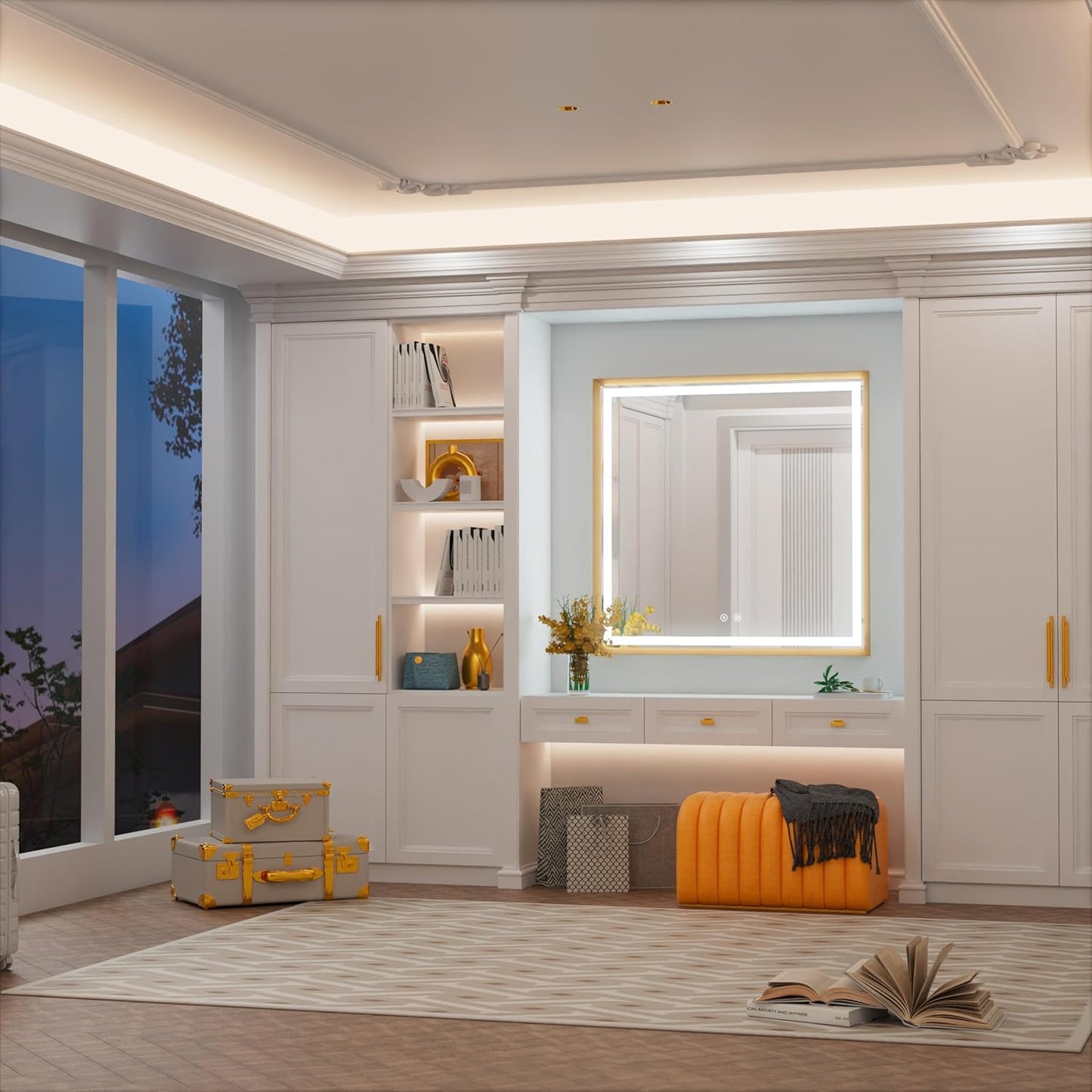 30x30 Inch Gold LED Bathroom Mirror, 3 Color Temperatures (3000K/4500K/6000K), Anti-Fog, Dimmable Lights, Memory Function, Horizontal/Vertical Wall Mounted