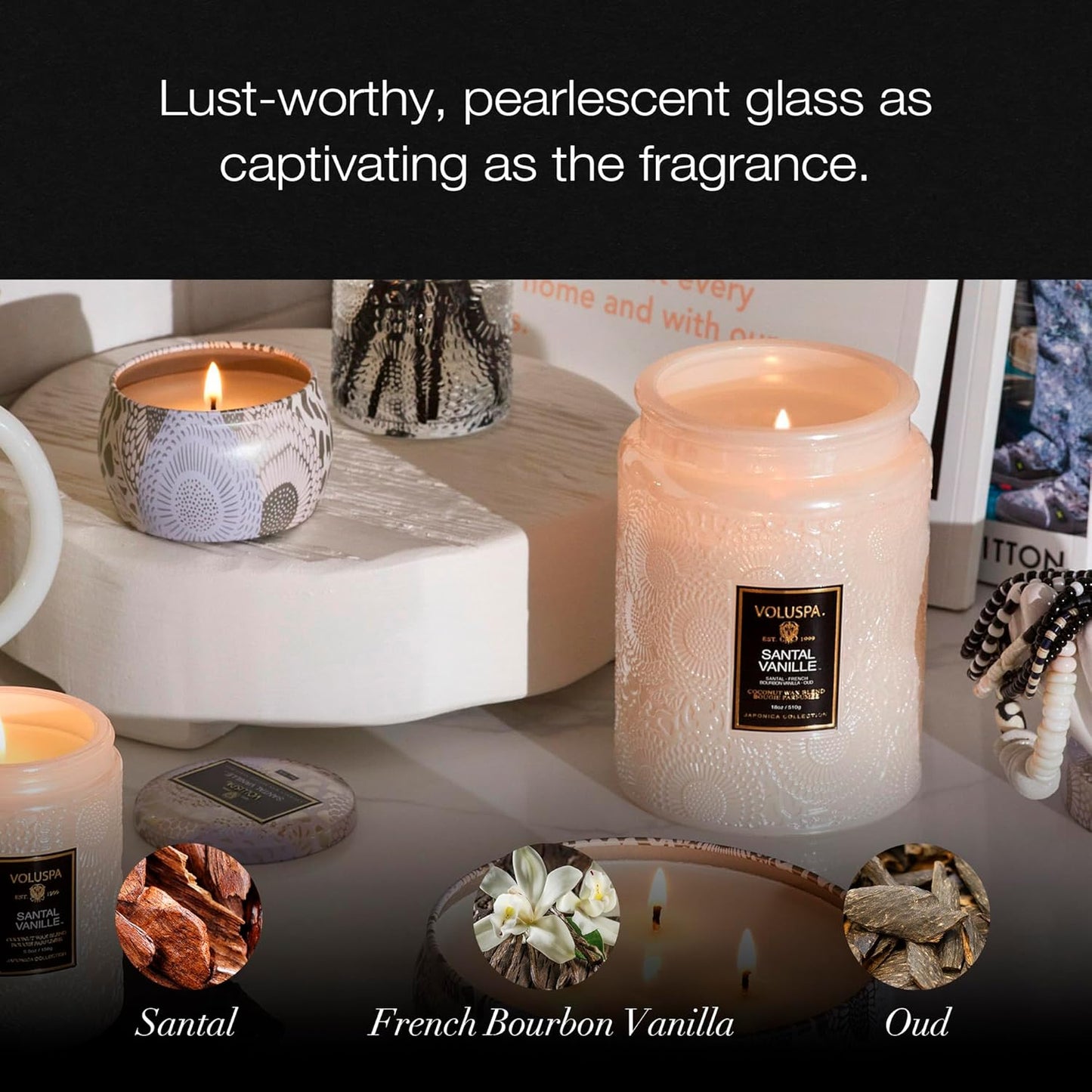 Voluspa Santal Vanille, Large Candle Jar, 18 oz, 100 Hour Burn Time, Coconut Wax for Clean Burning, Handcrafted in the USA