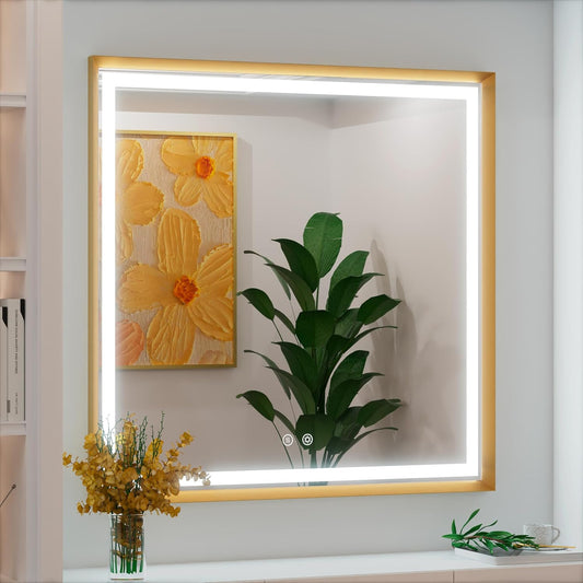 30x30 Inch Gold LED Bathroom Mirror, 3 Color Temperatures (3000K/4500K/6000K), Anti-Fog, Dimmable Lights, Memory Function, Horizontal/Vertical Wall Mounted