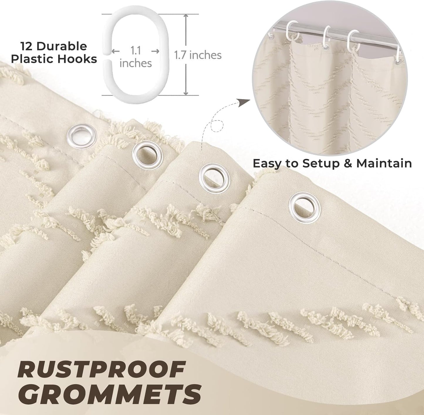 96inch Extra Long Beige Shower Curtain Modern Farmhouse Shower Curtain Bohemian Chic Tufted Chevron Textured Striped Minimalist Shower Curtains Woven Fabric Cute Beige Shower Curtains