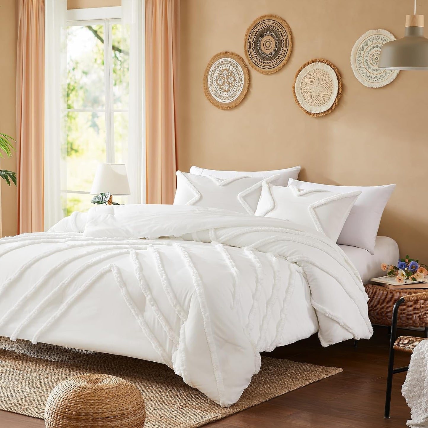 Cupocupa Queen Comforter Set Ivory Tufted Comforters Sets Bedding for Queen Bed 3PCS Boho Comforter Soft Fluffy Lightweight Comforter with 2 Pillow Cases for All Season