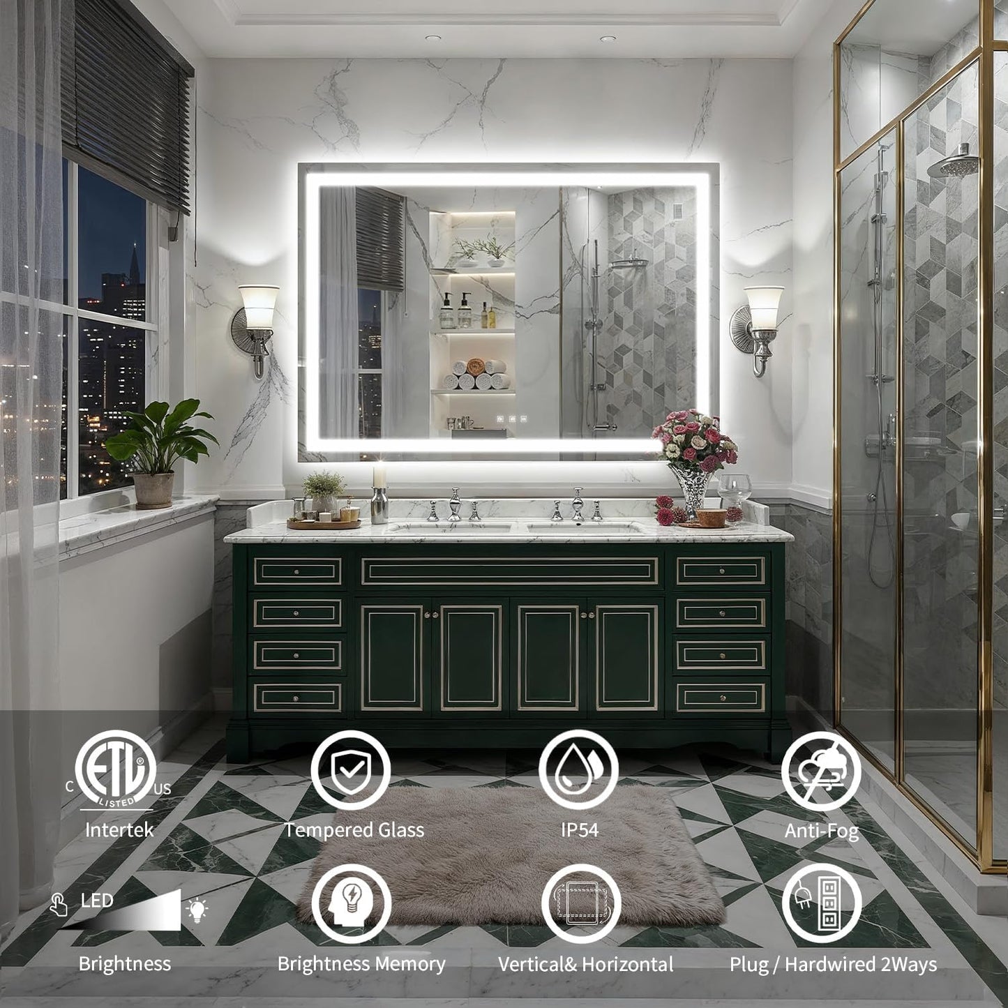 LED Mirror for Bathroom, 55x40 Inch Backlit + Front Lighted Bathroom Vanity Mirror with Lights for Wall, Double Light Strips, 3 Colors, Shatter-Proof, Anti-Fog and Brightness Memory