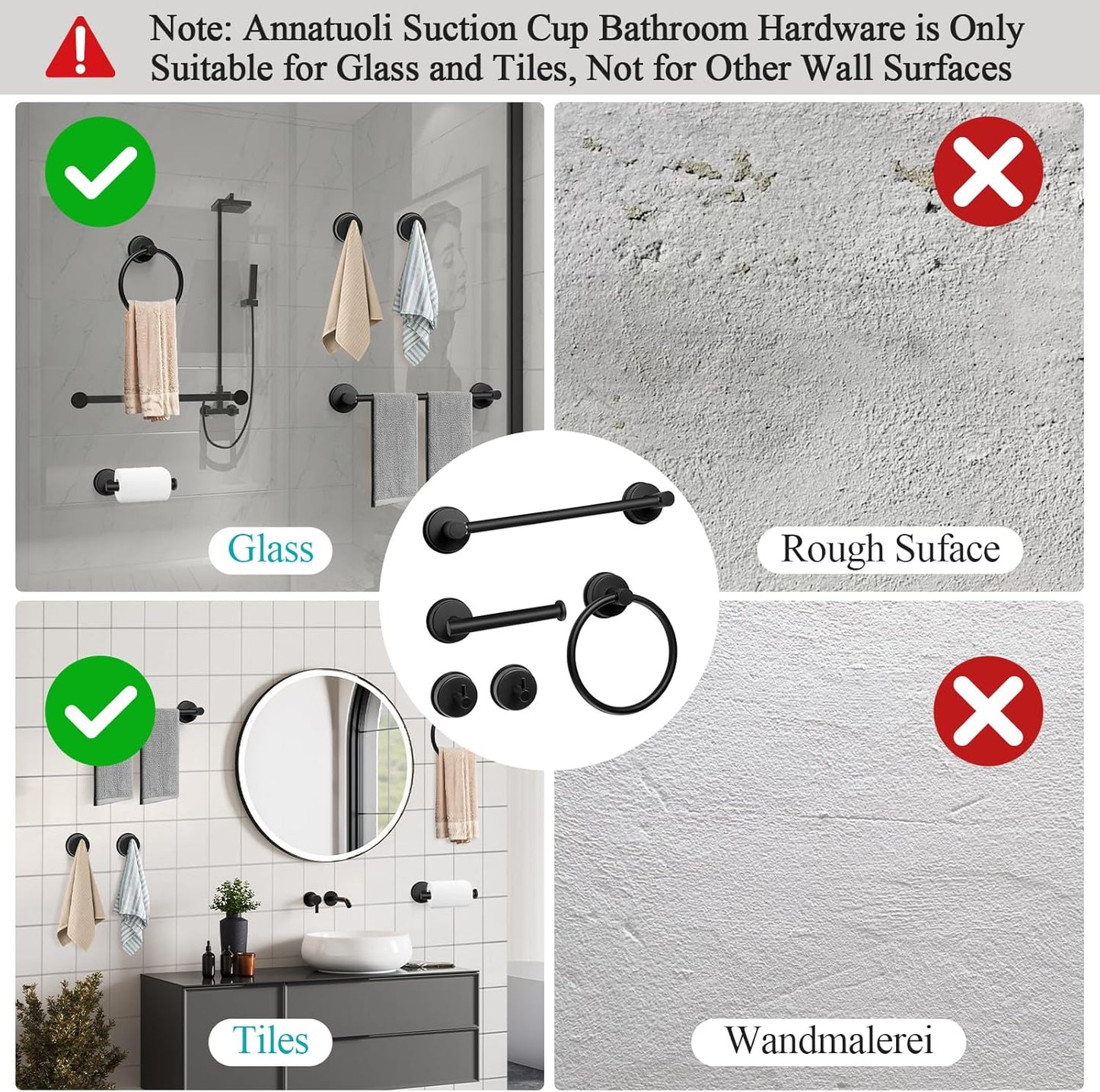 5 Piece Suction Cup Bathroom Accessories Set, Adjustable 12-21 Inches Suction Cup Towel Bar Towel Racks, Robe Towel Hooks Toilet Paper Holder for Glass Shower Door Bathroom Matte Black
