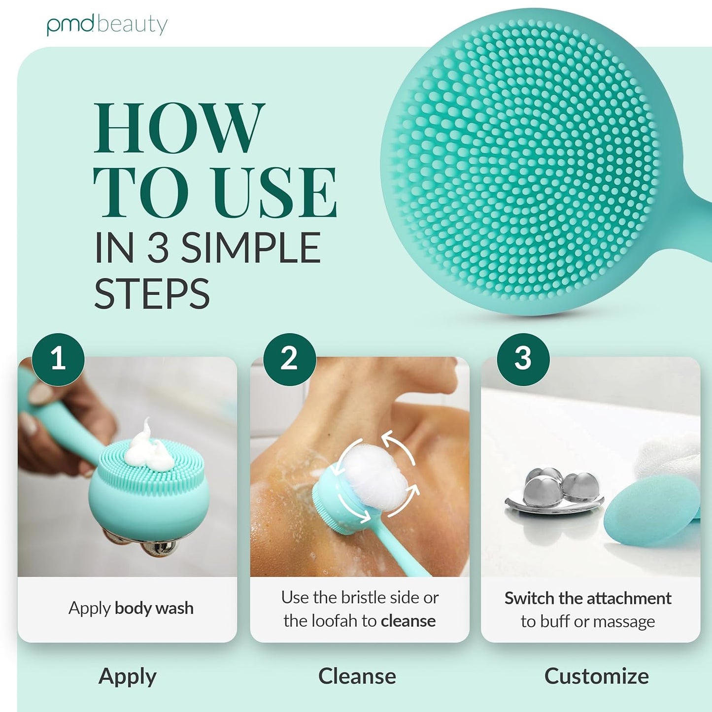 PMD Clean Body - Smart Body Cleansing Device with Silicone Brush & Three Interchangeable Attachments - Waterproof - SonicGlow Vibration - Cleanse, Exfoliate, & Massage Body