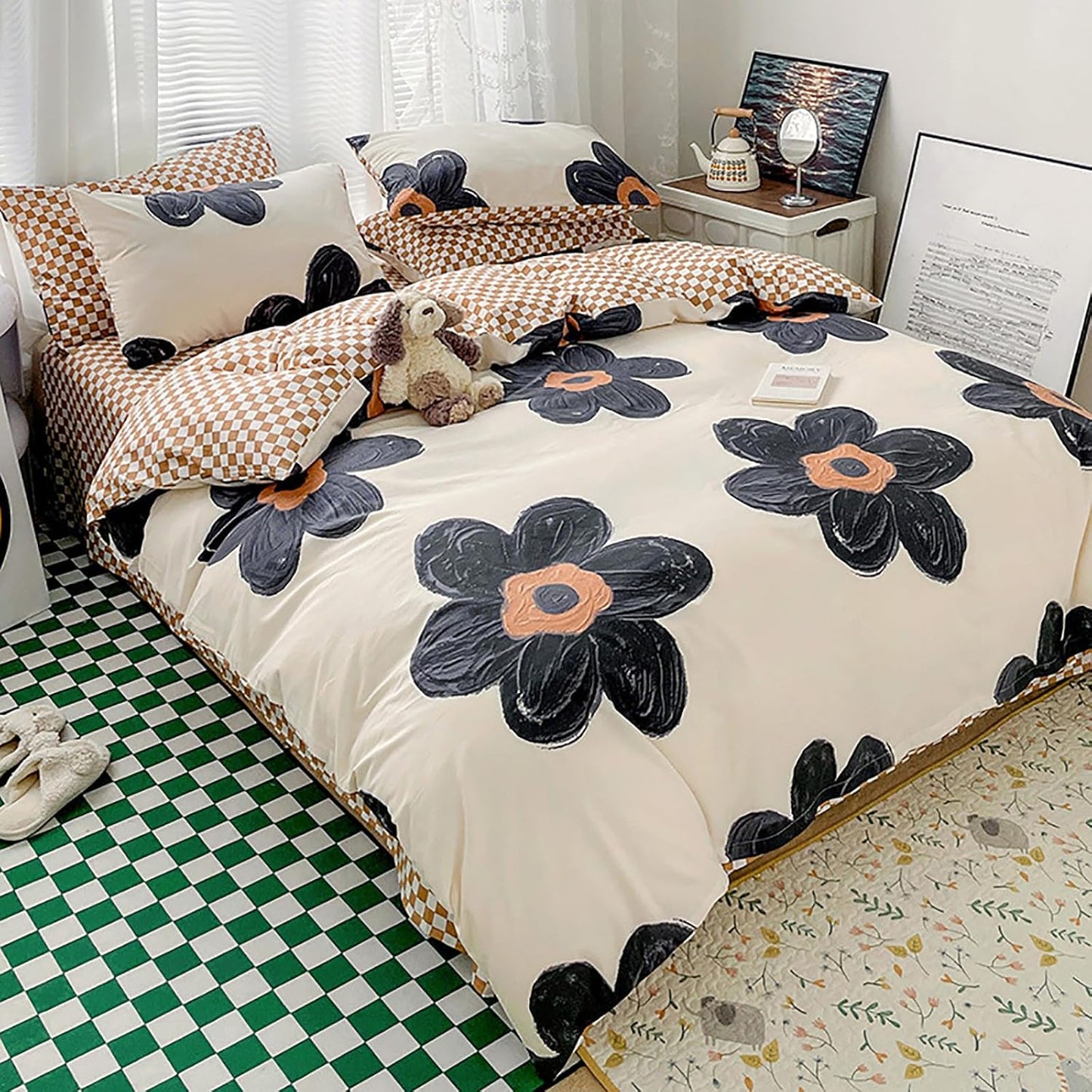 Cottonight Black Sunflower Comforter Set Full Black Beige Floral Bedding Comforter Set Full Big Flowers Cute Quilts Botanical Black White Blankets Elegant Bedding Set for Women Girls Female Teens