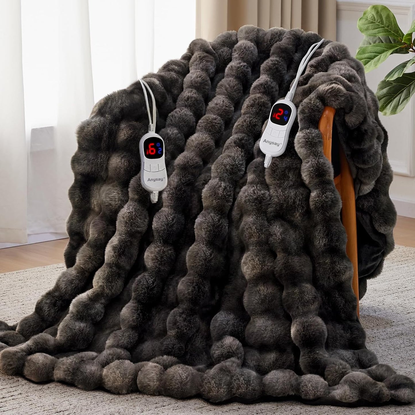 Heated Blanket King Size with 1/2/4/6/8 Hours Auto-Off 10 Heat Level, 90'' * 100'' Cozy Faux Rabbit Fur Bubble Electric Blanket with Overheat Protection(Tie-Dye Dark Grey)