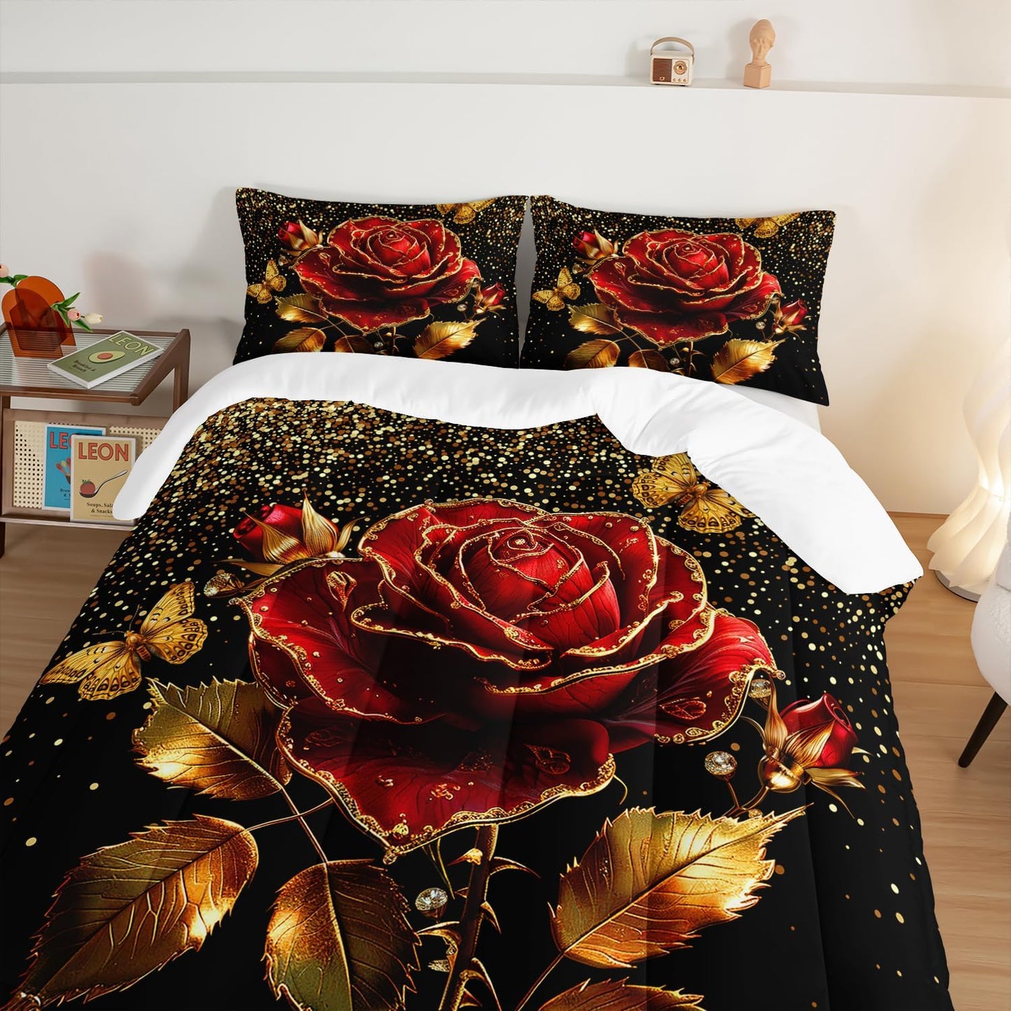 Gold Red Rose Comforter Set Twin Size,Golden Glitter Butterfly Pattern Bedding Set for Girls Women Couple Lover,Romantic Valentine's Day Floral Themed Bedding Set with 2 Pillowcases.
