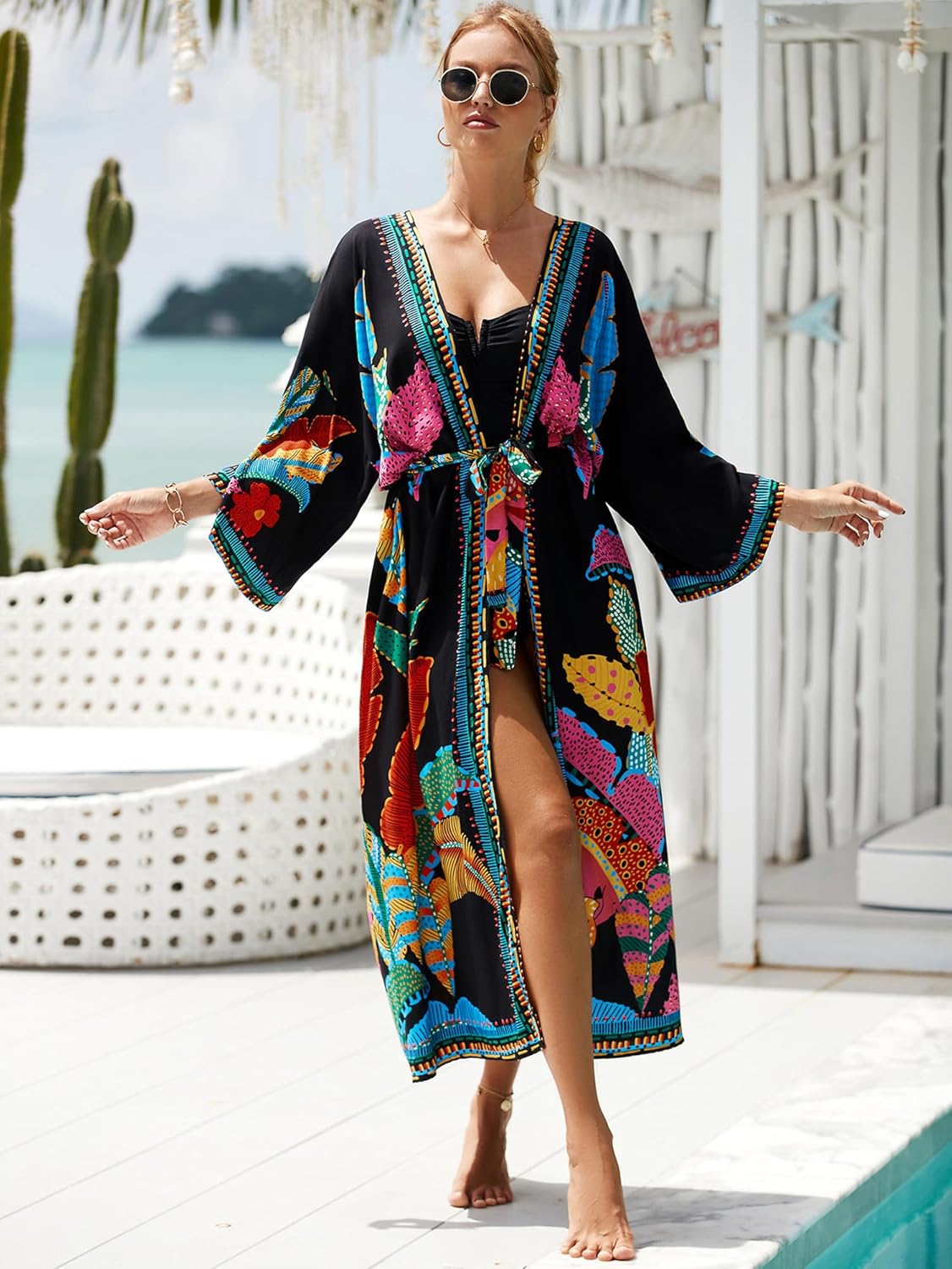 Women Casual Open Front Lightweight Cardigan Long Beach Kimono Cover Up