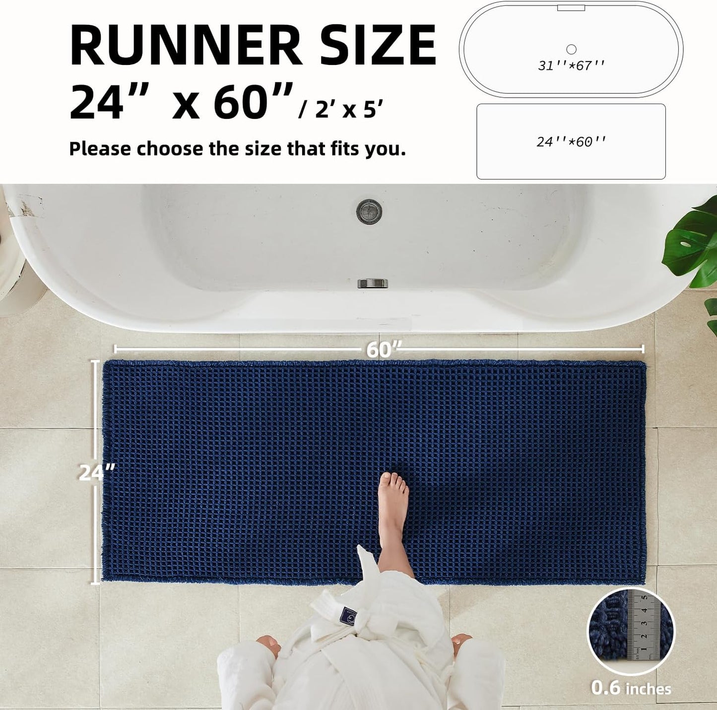 Waffle Runner Rug Bathroom, Long Boho Bathroom Rugs Non Slip Washable Super Absorbent Quick Dry Farmhouse Bath Decor, 60"x24" Navy Blue