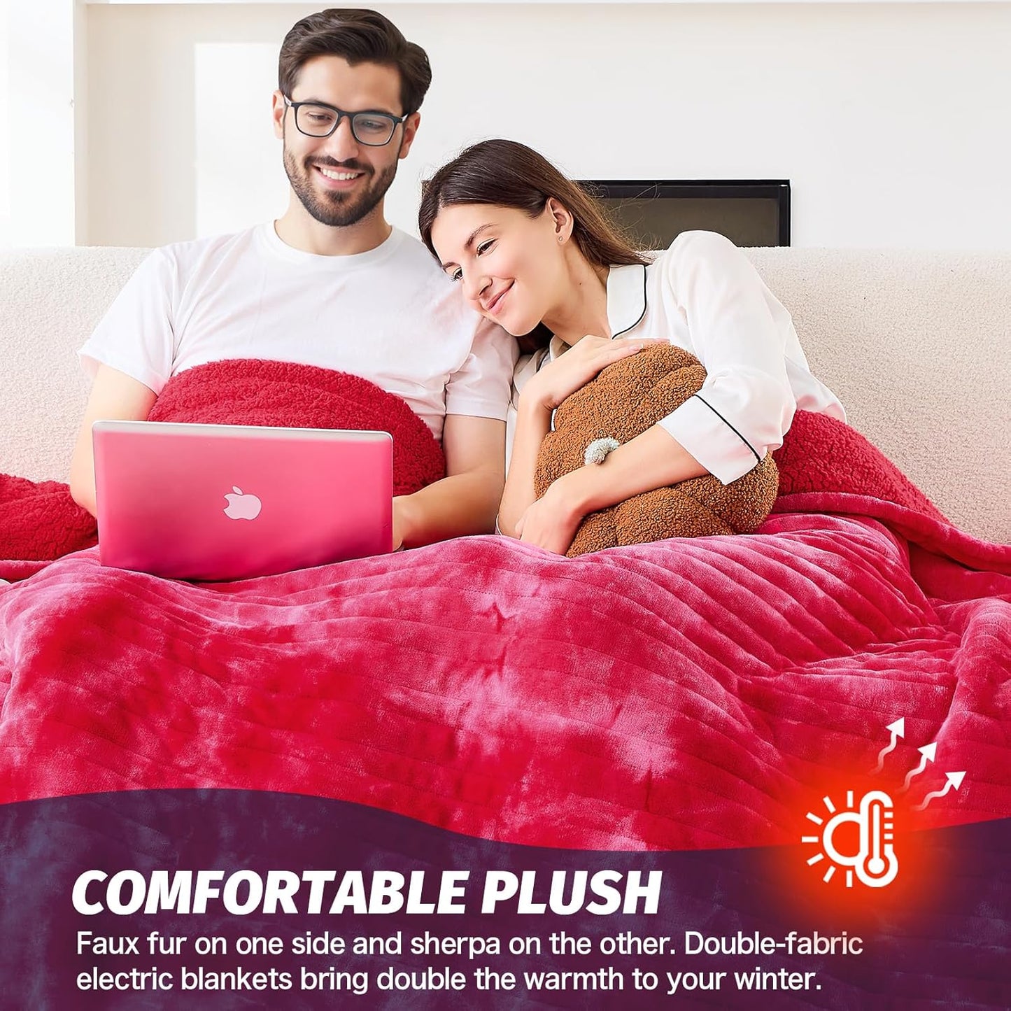 greenoak Heated Electric Blanket Throw, Faux Fur Sherpa Heating Blanket for Sofa Bed, Warm Winter Gifts for Mom/Grandma, Heater Lap Blankets 5-Position Timer &10 Heating Levels 62''*84" Red