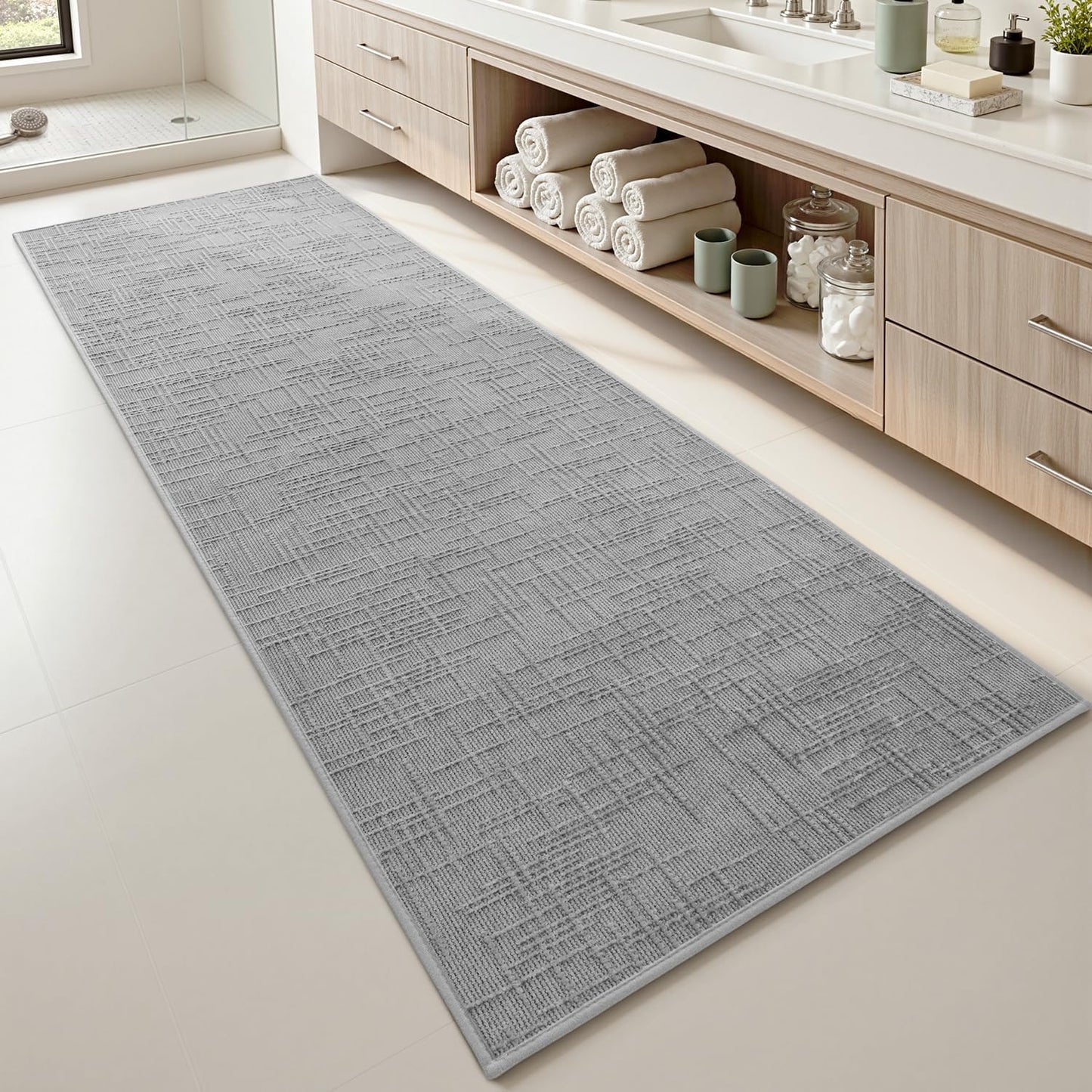 AMOAMI Bath Mat Non Slip Super Absorbent Quick Dry Bath Mats for Bathroom Floor Rubber Backing Washable Bathroom Rugs Modern Woven Jacquard Mat, Beside Tub Bath Rugs, 2' x 5', LightGrey