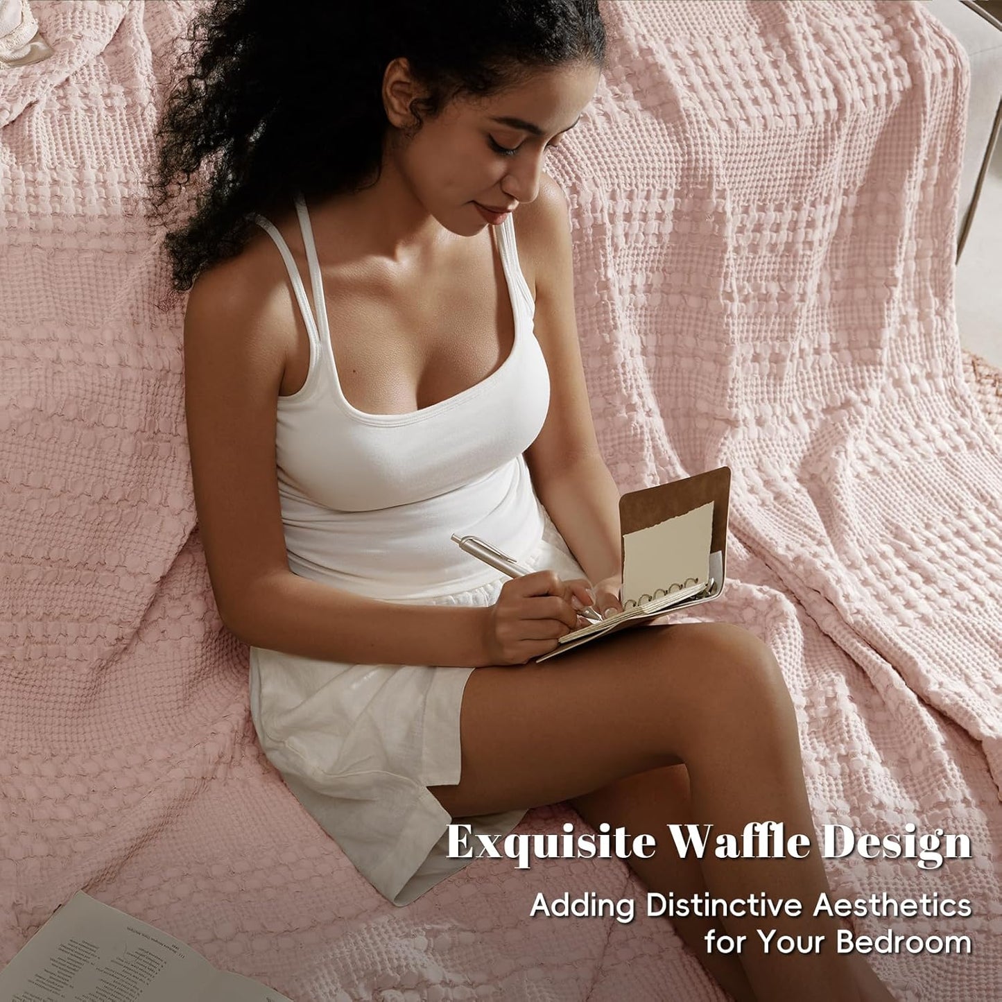 PHF 100% Cotton Waffle Weave Blanket Queen Size for Bed, Soft Lightweight & Breathable, All-Season Comfort, Luxury Aesthetic Woven Bedding for Home Decor, 90"x90", Pink/Mauve