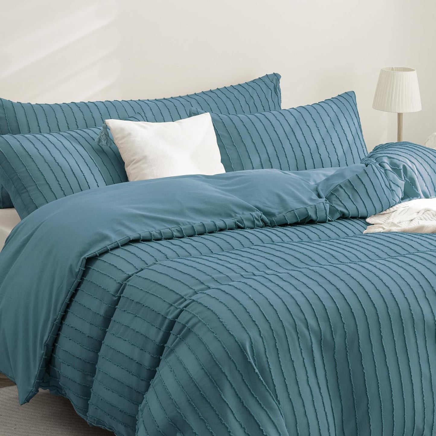 JELLYMONI Duvet Cover Queen Size Grayish Blue - 3PCS Boho Striped Duvet Cover Set Polyester Tufted Bohemian Textured Comforter Cover 90×90in with Corner Ties & Zipper and 2 Pillowcases