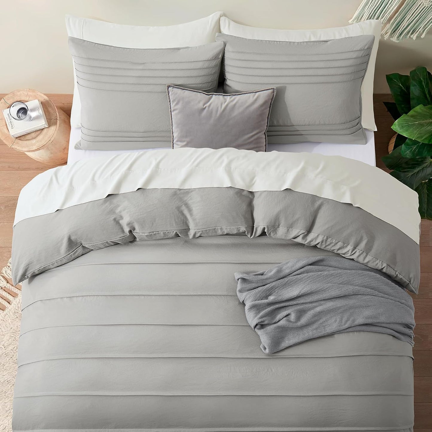 Oli Anderson Light Grey Duvet Cover King Size - Pleated King Duvet Cover, 3PCS Soft and Breathable Textured Bedding Set with Zipper Closure(Light Grey,104"x90")
