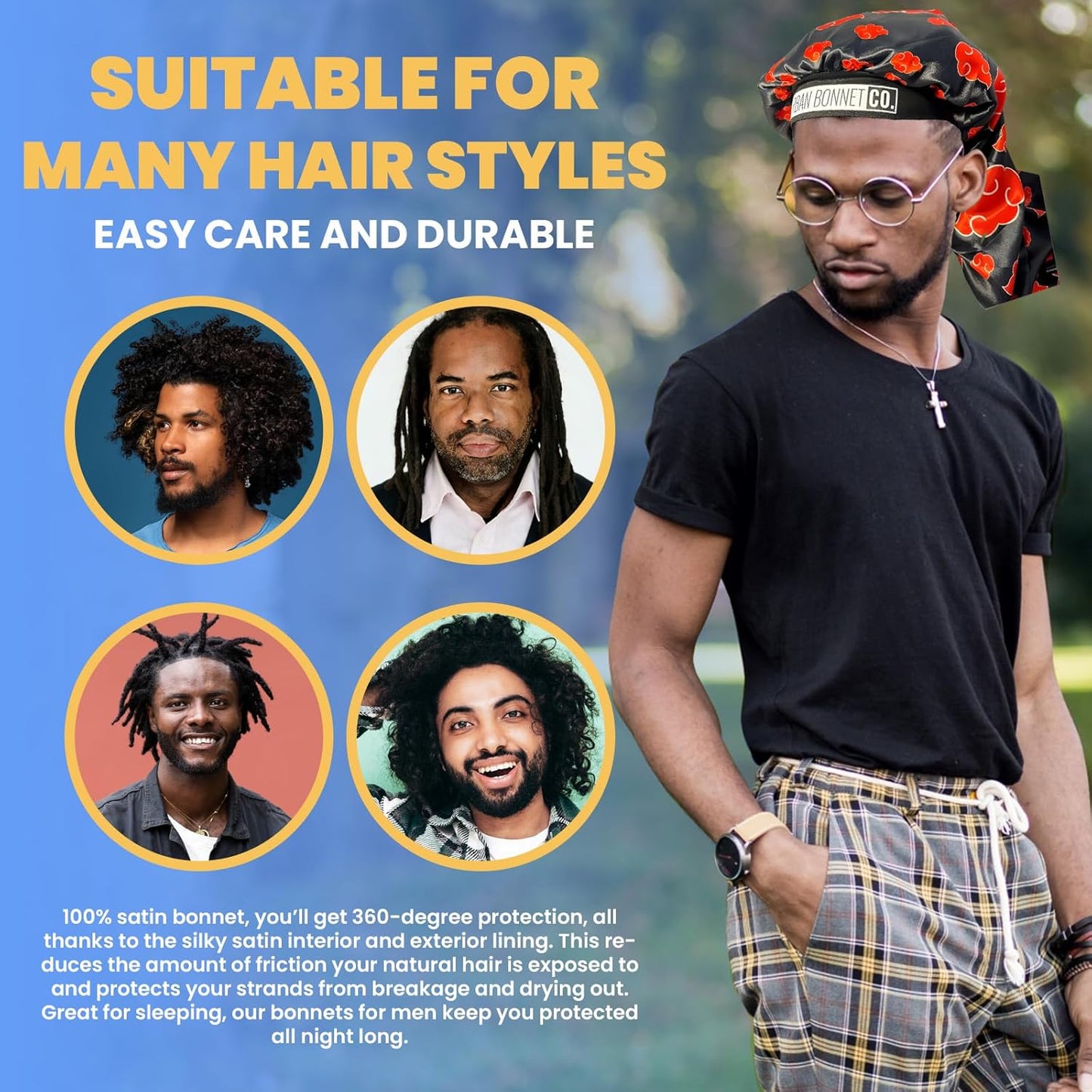Premium Non Slip Hair Bonnet for Men Satin Curly & Dreadlocks Wrap Silk Double Layer Sleeping & Shower Cap Anime Soft Band (Plush Purple)