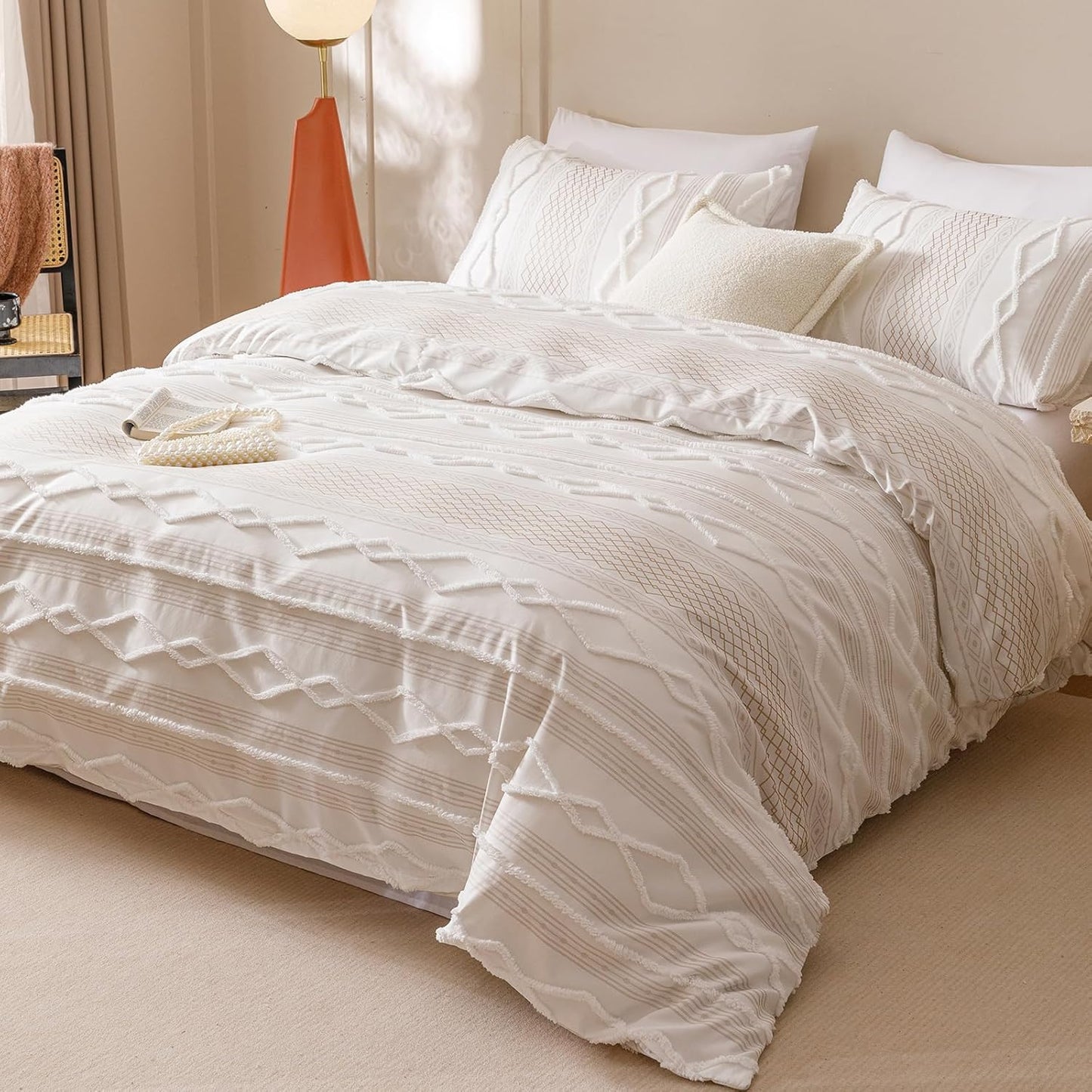 KAREVER Ivory Boho Comforter Set Twin Mixed Textures Jacquard Bedding Set Durable Chic and Stylish Bedroom Set