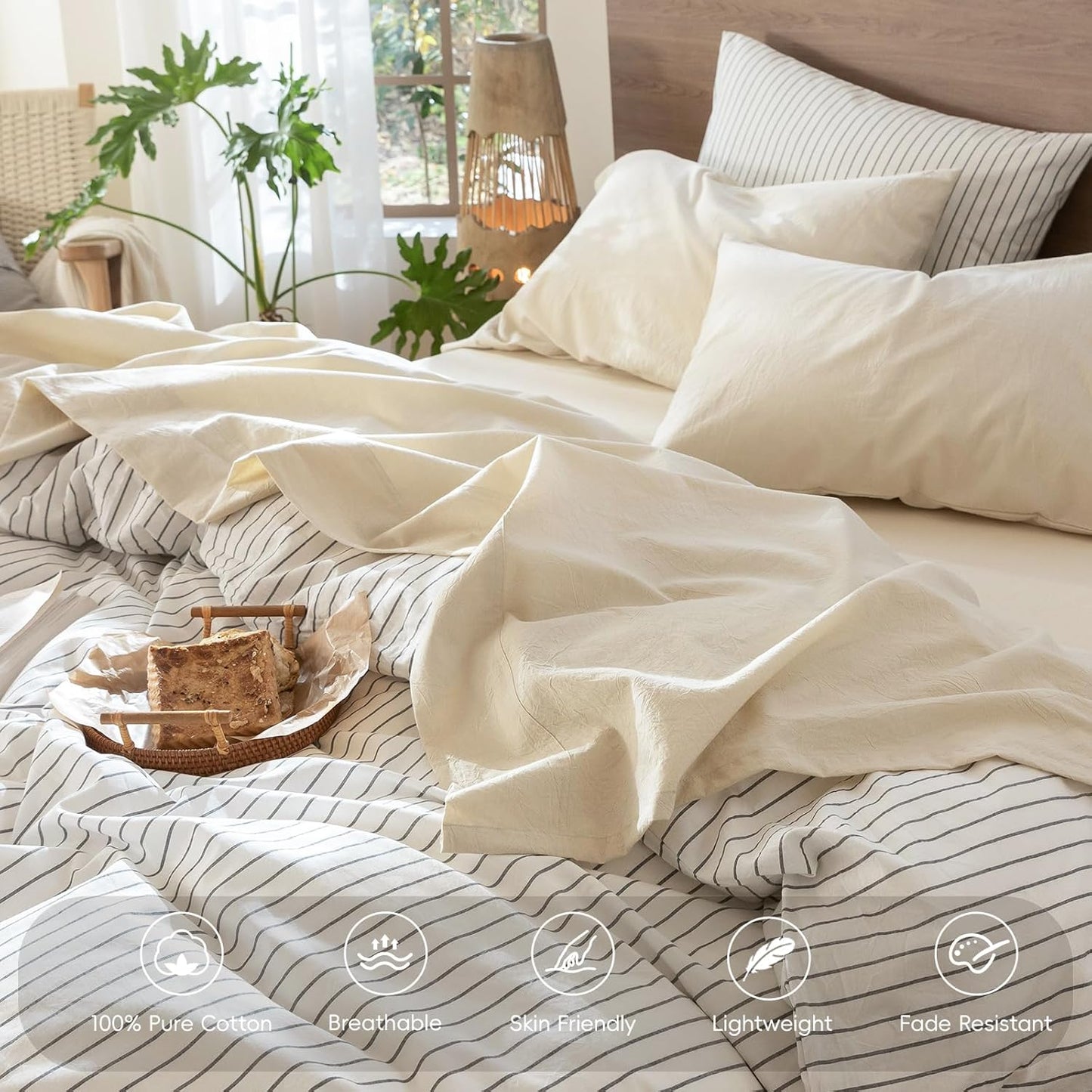 MooMee Bedding Sheet Set 100% Washed Cotton Linen Like Textured Breathable Durable Soft Comfy (Heathered Almond Milk Grey, King)