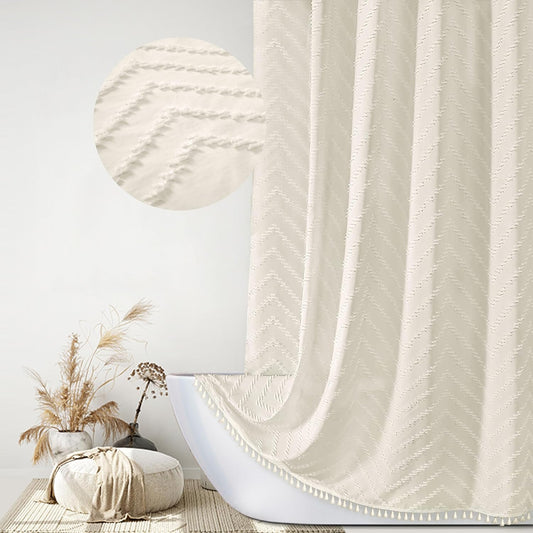 Farmhouse Boho Shower Curtain, Woven Fabric Cream Long, 72 x 78, Tufted Chevron Striped Modern Chic Textured Minimalist Bathroom Curtain