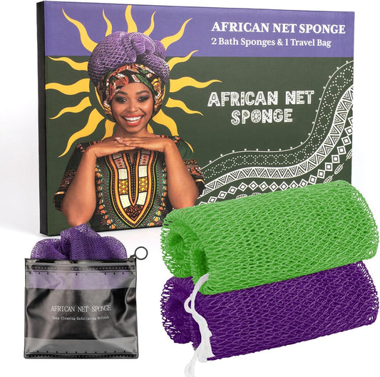 African Net Sponge Authentic with Handles (Set of 2), African Exfoliating Net Sponge, Exfoliating Body Scrubber Bath Sponge - Bathing Accessories with Storage Bag (Purple & Green)