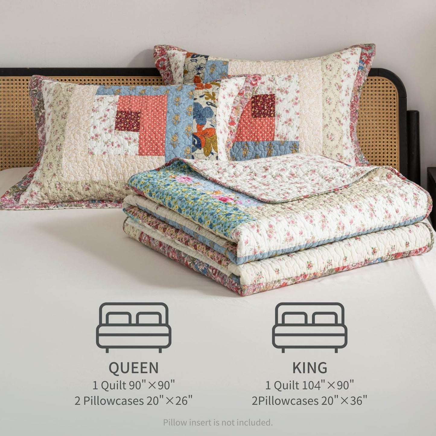 meadow park Cotton Real Patchwork Quilt Set 3-Piece. 100% Washed Cotton. 208 Hand Cut Patches. Allover Quilting. Reversible Coverlet Set. (King)