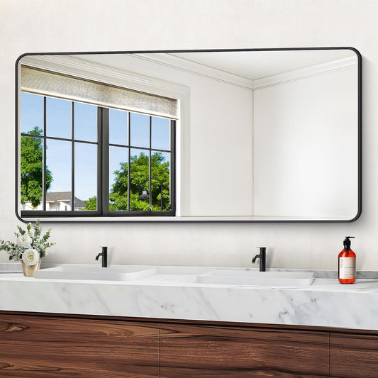 72" x 36"Bathroom Mirror, Matte Black Wall Mirror with Metal Frame, Decorative Rectangular Vanity Mirror for Bedroom Bathroom Living Room Entryway (Horizontal/Vertical)