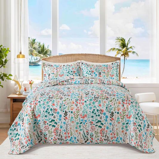 BEDIFANY Queen Size Quilt Bedding Set - Cotton Filling Lightweight Reversible Bedspread with Botanical Floral Pattern, Farmhouse Bed Coverlet for All Seasons, 3-Piece Set (90x98 Inches)