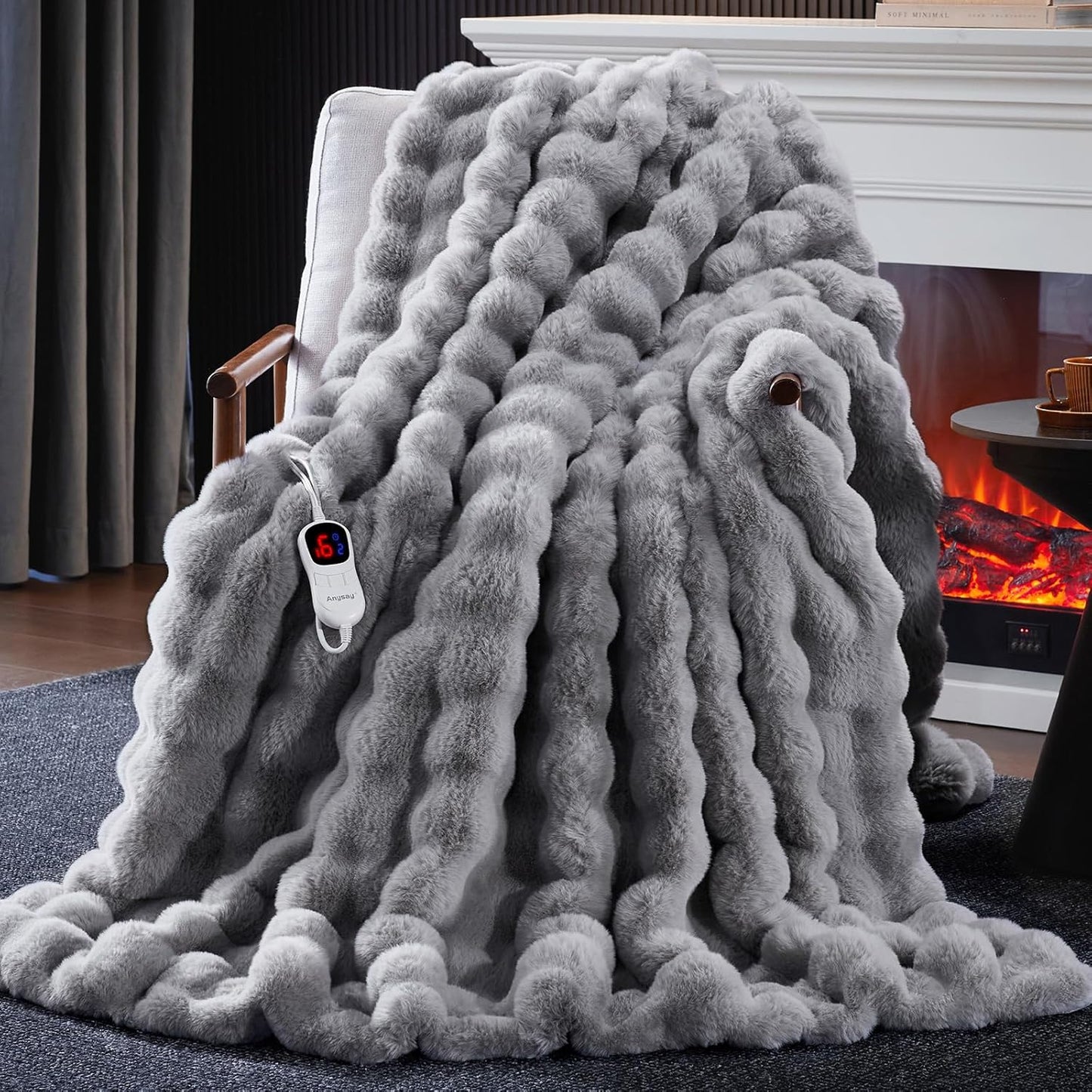 Heated Blanket Queen Size with 1/2/4/6/8 Hours Auto-Off 10 Heat Level, 72'' * 84'' Cozy Faux Rabbit Fur Bubble Electric Blanket with Overheat Protection(Light Grey)