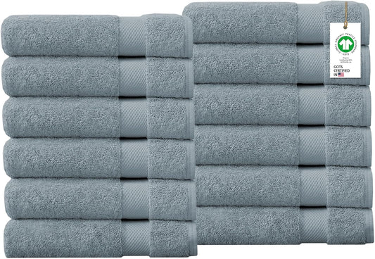 Delara Organic Cotton Towels, 650 GSM Plush Feather Touch Quick Dry Wash Cloths, 12 Pack, GOTS Certified, Light Blue, 13x13 inch