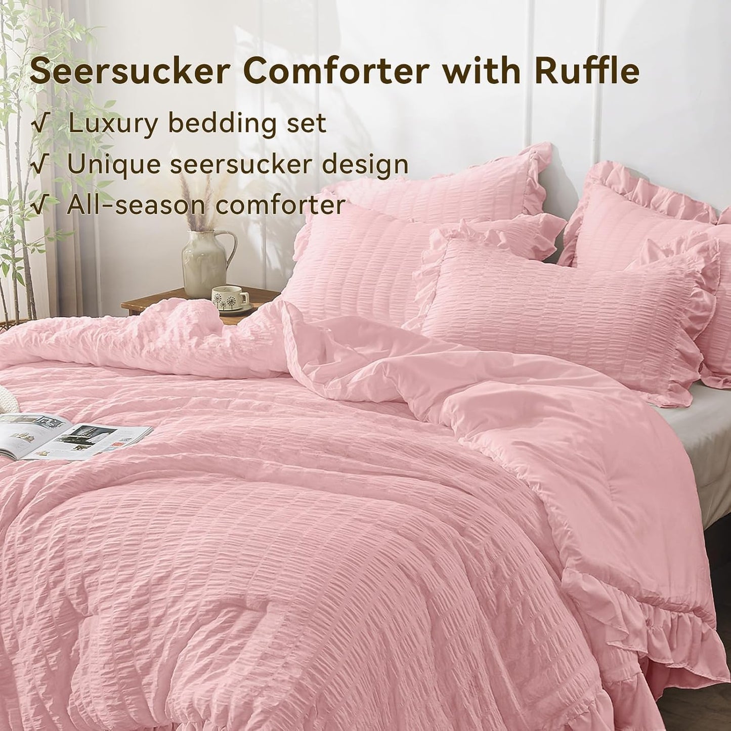 JOLLYVOGUE Pink Seersucker Queen Comforter Set, 3 Pieces Bed in a Bag Comforter Set, Lightweight & Fluffy Bedding Sets Queen for All Season with 1 Ruffle Comforter and 2 Ruffle Pillowshams