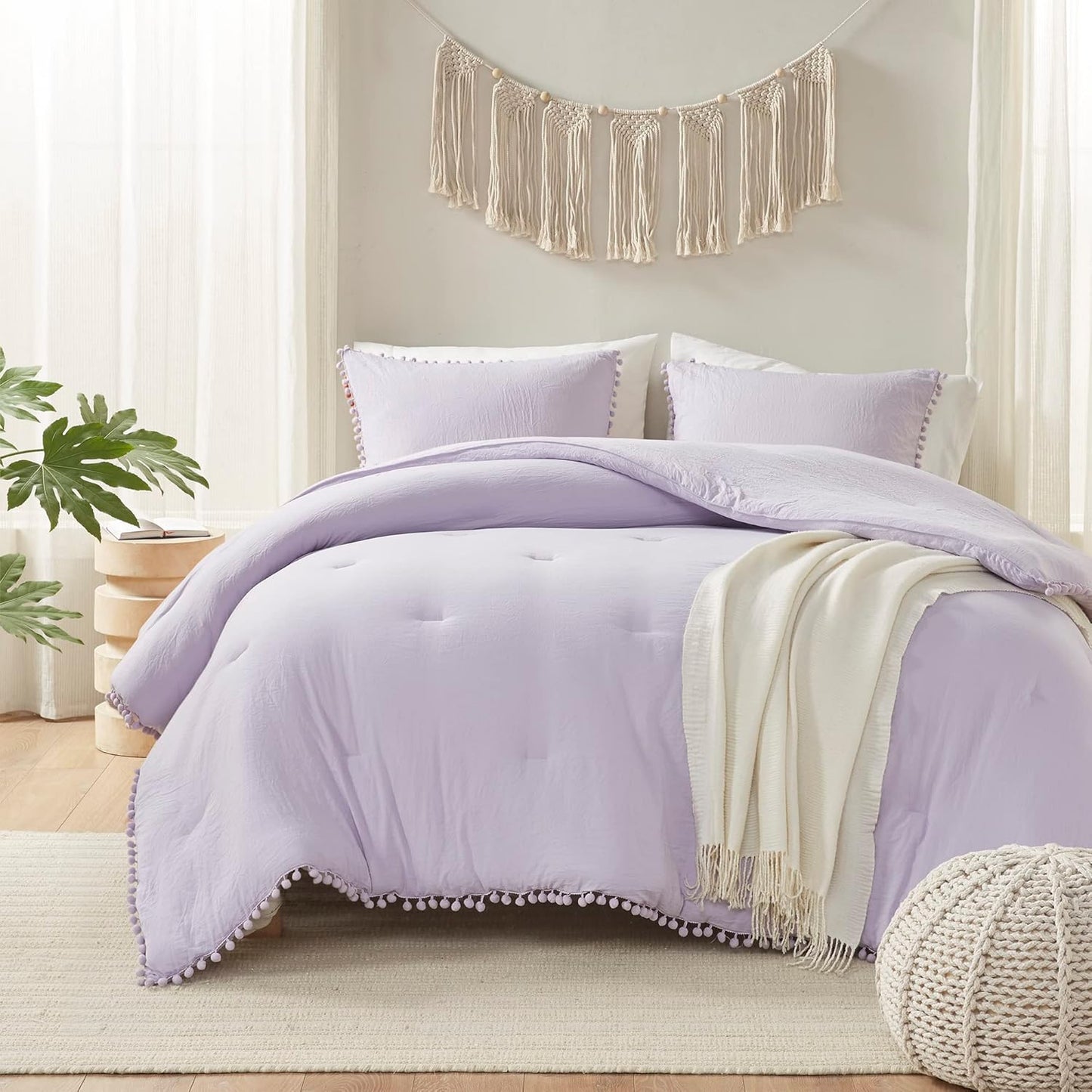 Codi Lavender Purple Full/Queen Comforter Set - Boho Aesthetic Bedding with Luxurious Pom Fringe, Soft Washed Microfiber 3pc Set, Couple-Friendly Lightweight Design, 1 Comforter & 2 Pillow Shams