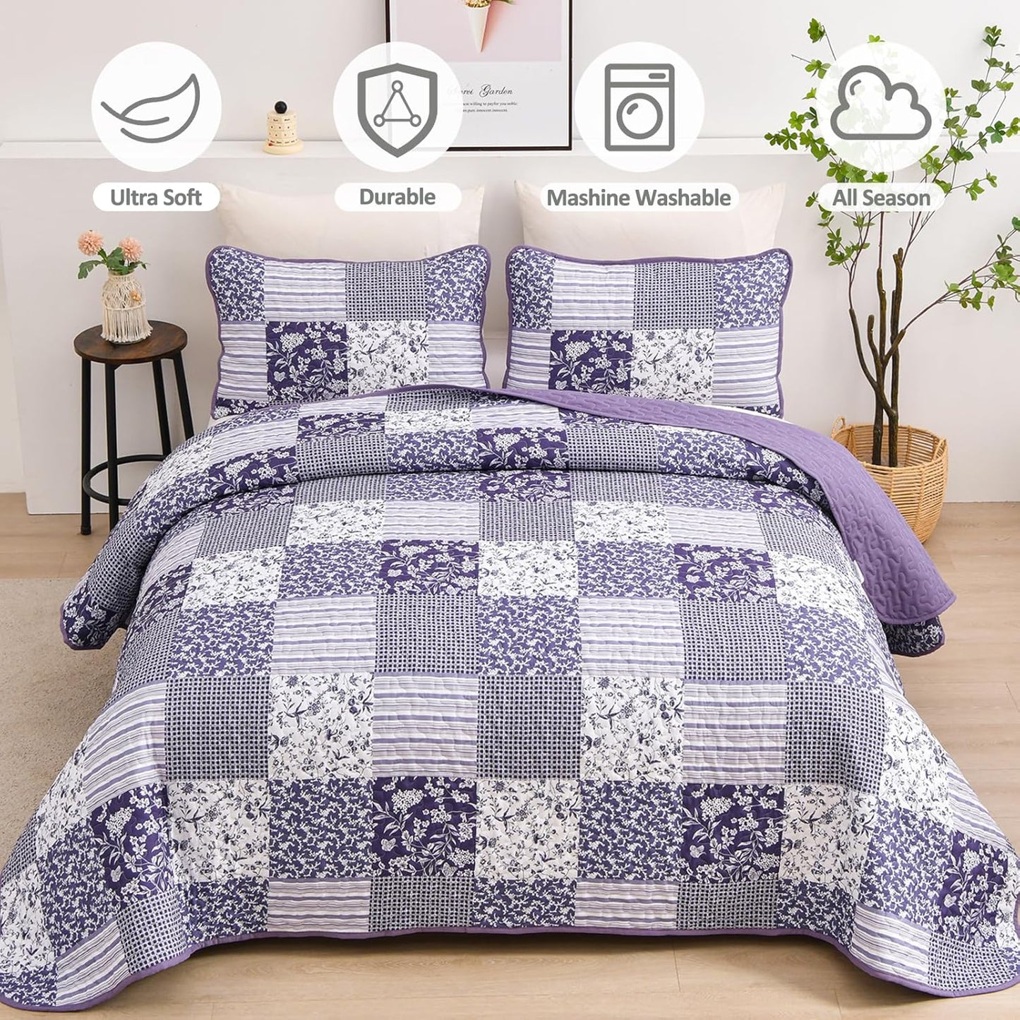 Mybedsoul Purple Quilt Set Queen Size,3 Pieces Boho Floral Plaid Bedspread Coverlet Set for All Season,Patchwork Reversible Bedding Set Queen 90"x96"