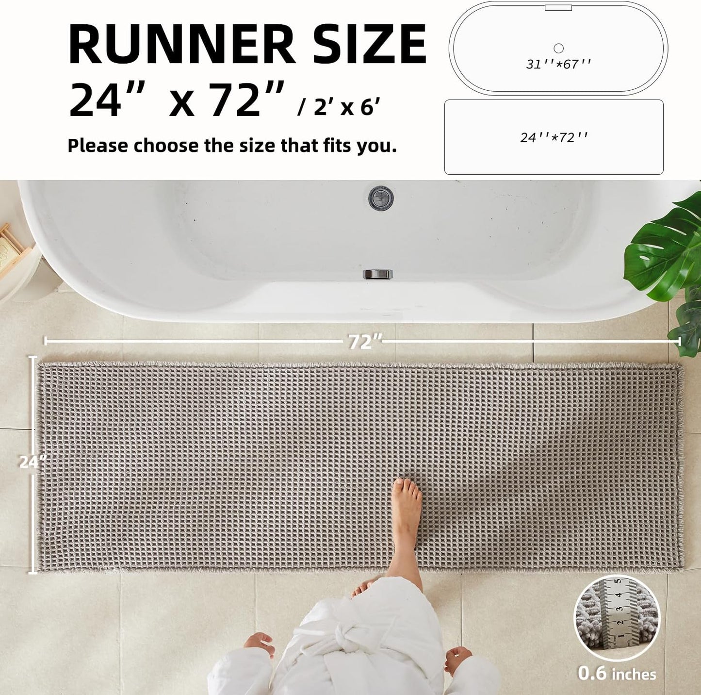Waffle Runner Rug Bathroom, Long Boho Bathroom Rugs Non Slip Washable Super Absorbent Quick Dry Farmhouse Bath Decor, 72"x24" Light Grey