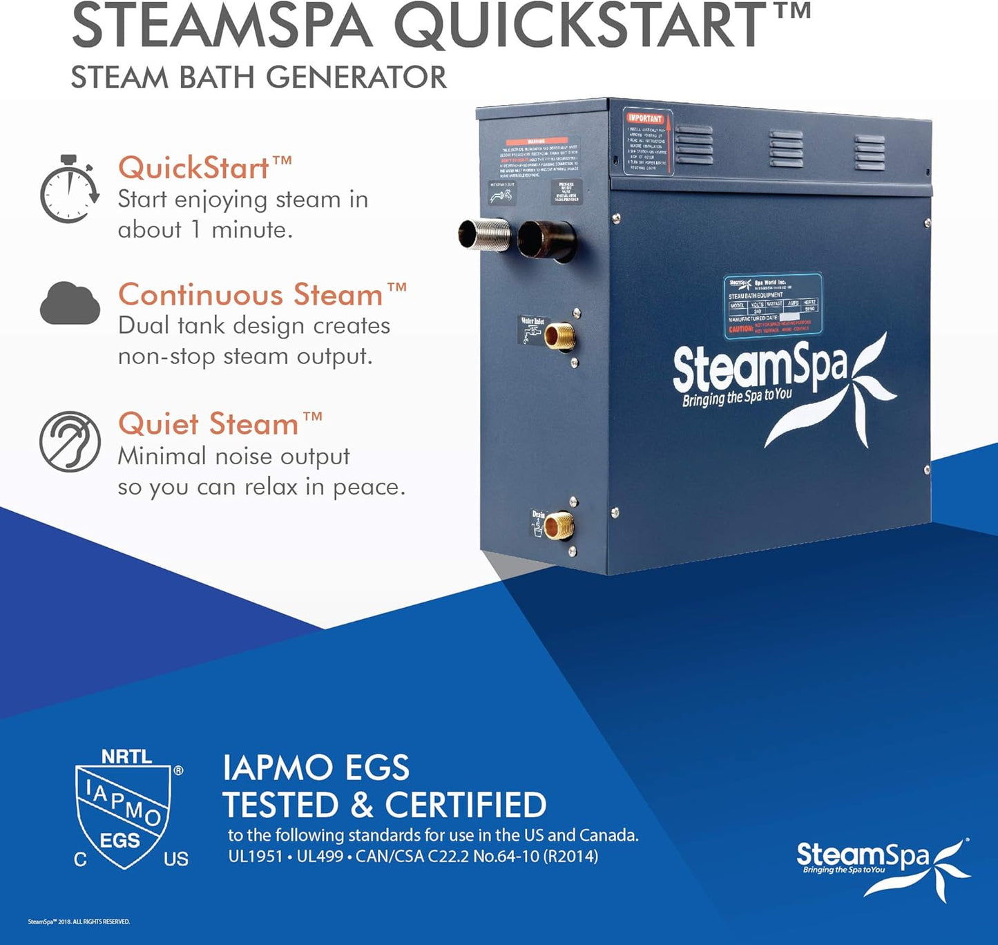 STEAMSPA 9kW Steam Sauna Generator Sentry Series 240V Steam Generator with Touch Screen, Steamhead, Built-in Steam Shower Auto Drain, ACU Quickstart Steam Bath Generator (Bronze)
